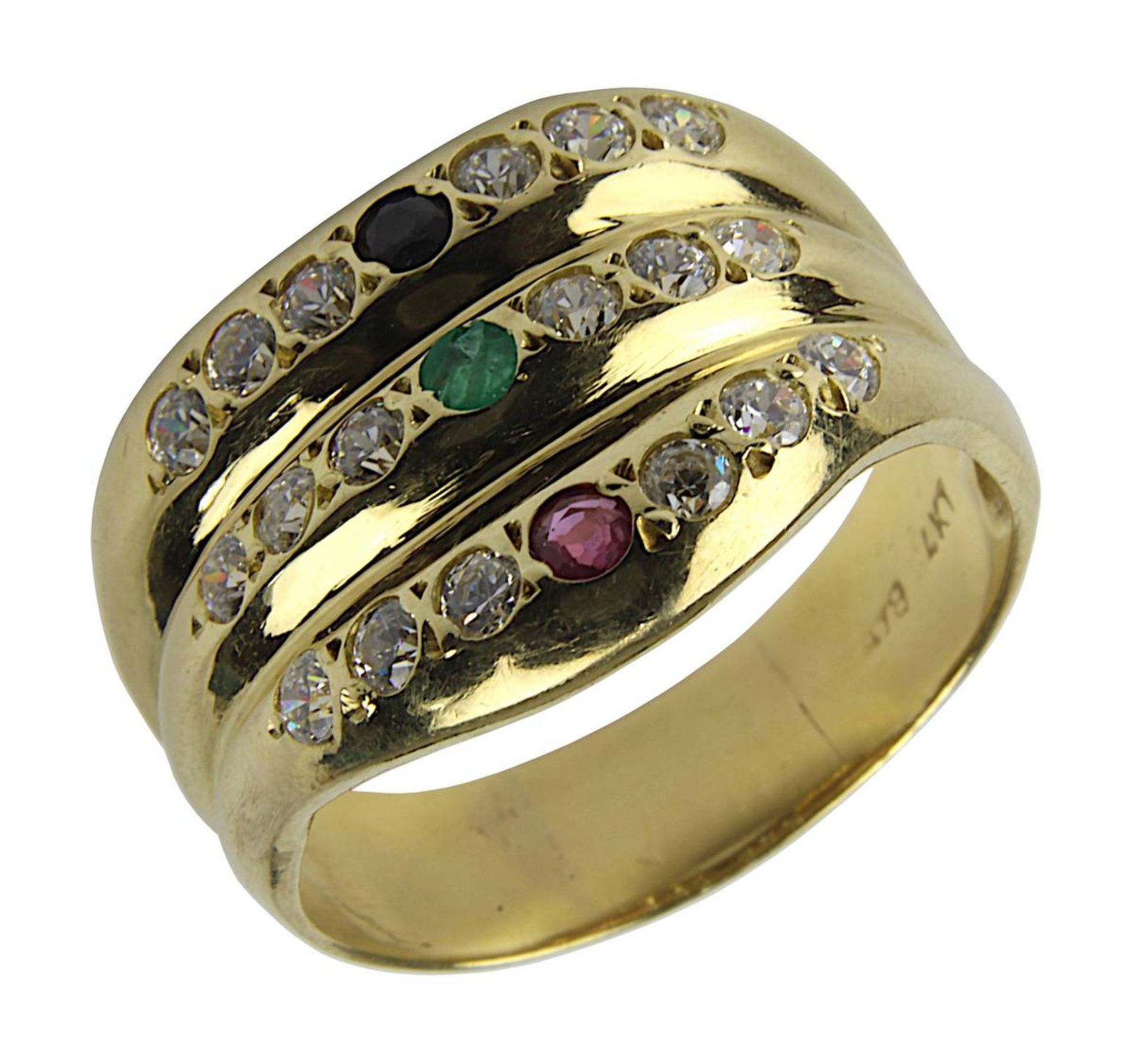 Gelbgold Damenring mit Rubin, Saphir, Smaragd und Brillanten, 14 Kt. gestempelte Ringschiene,