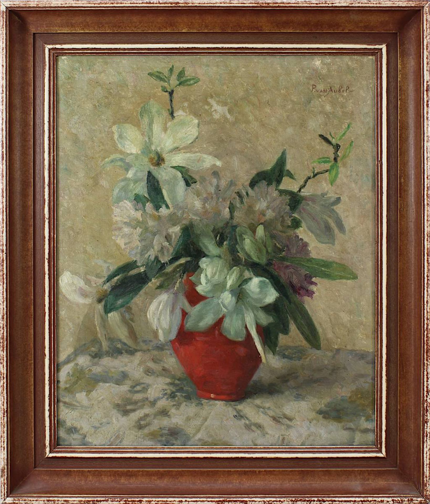 Van Aubel, P. (Niederländsicher Künstler 1. H. 20. Jh.), Vase mit Magnolienzweigen, Öl auf Leinwand,
