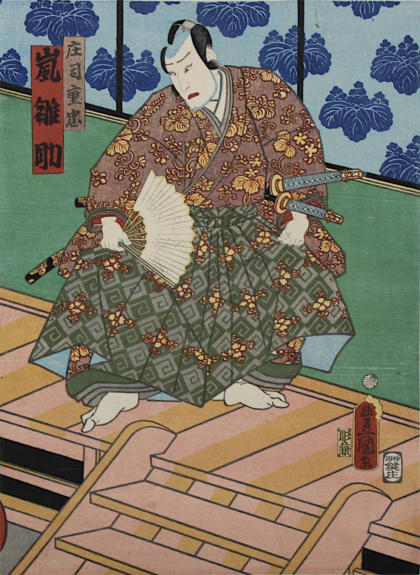 Utagawa Kunisada (1786 - 1865), 3 japanische Farbholzschnitte, Triptychon mit Theaterszene, 1861, - Bild 4 aus 4