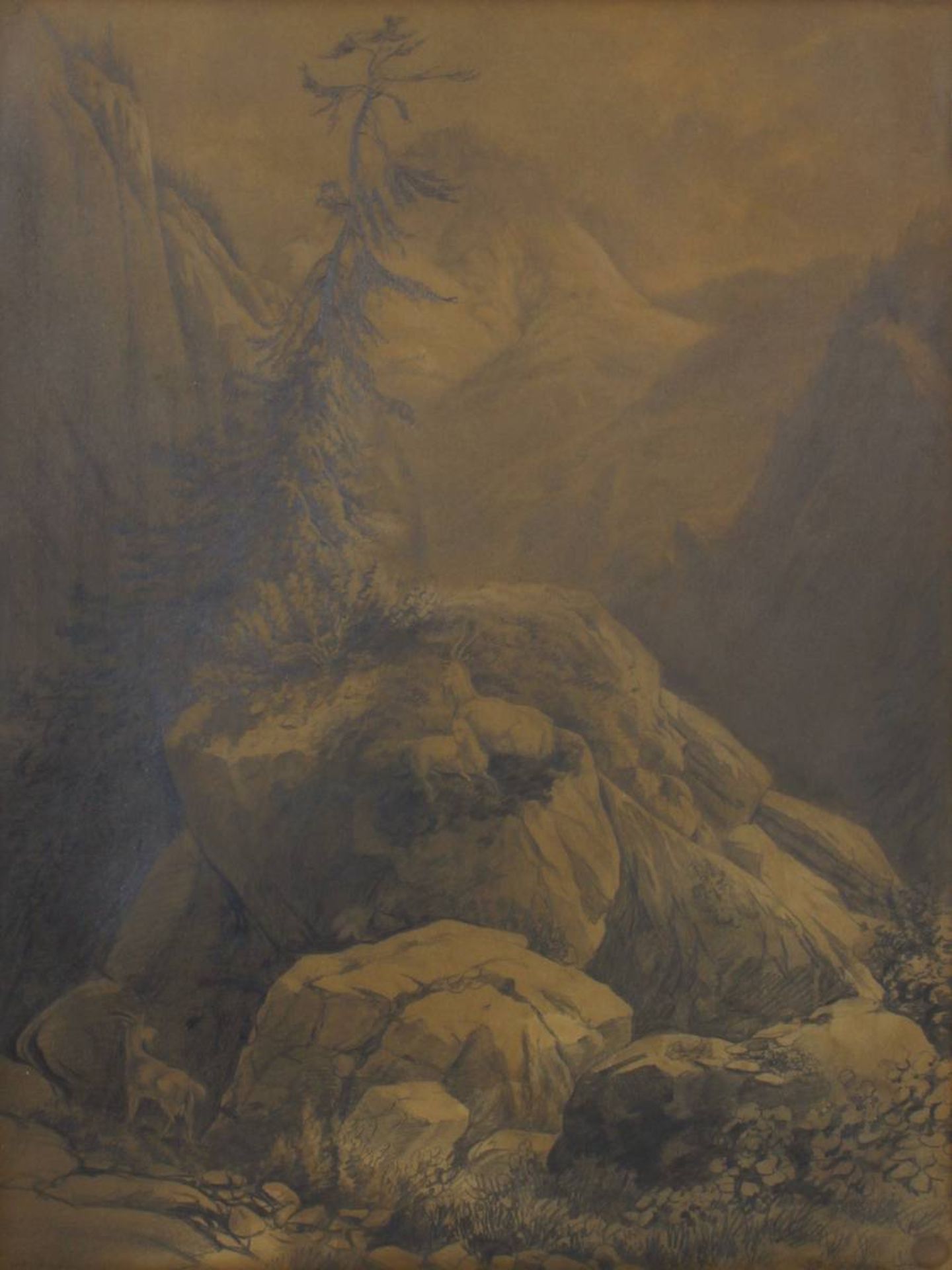 Schertel, Josef (Augsburg 1810 - 1869 München), attrib., Alpenlandschaft mit Felsen und Gämsen, - Bild 2 aus 2