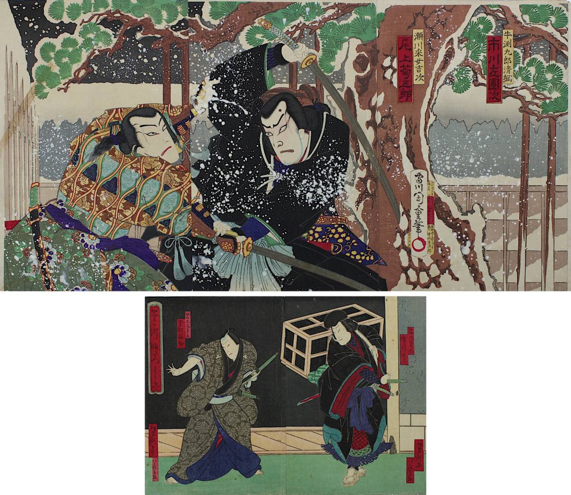 Morikawa Chikashige (akt. ca. 1850-1890), Triptychon, und Utagawa Yoshitaki (1841 - 1899), Diptychon