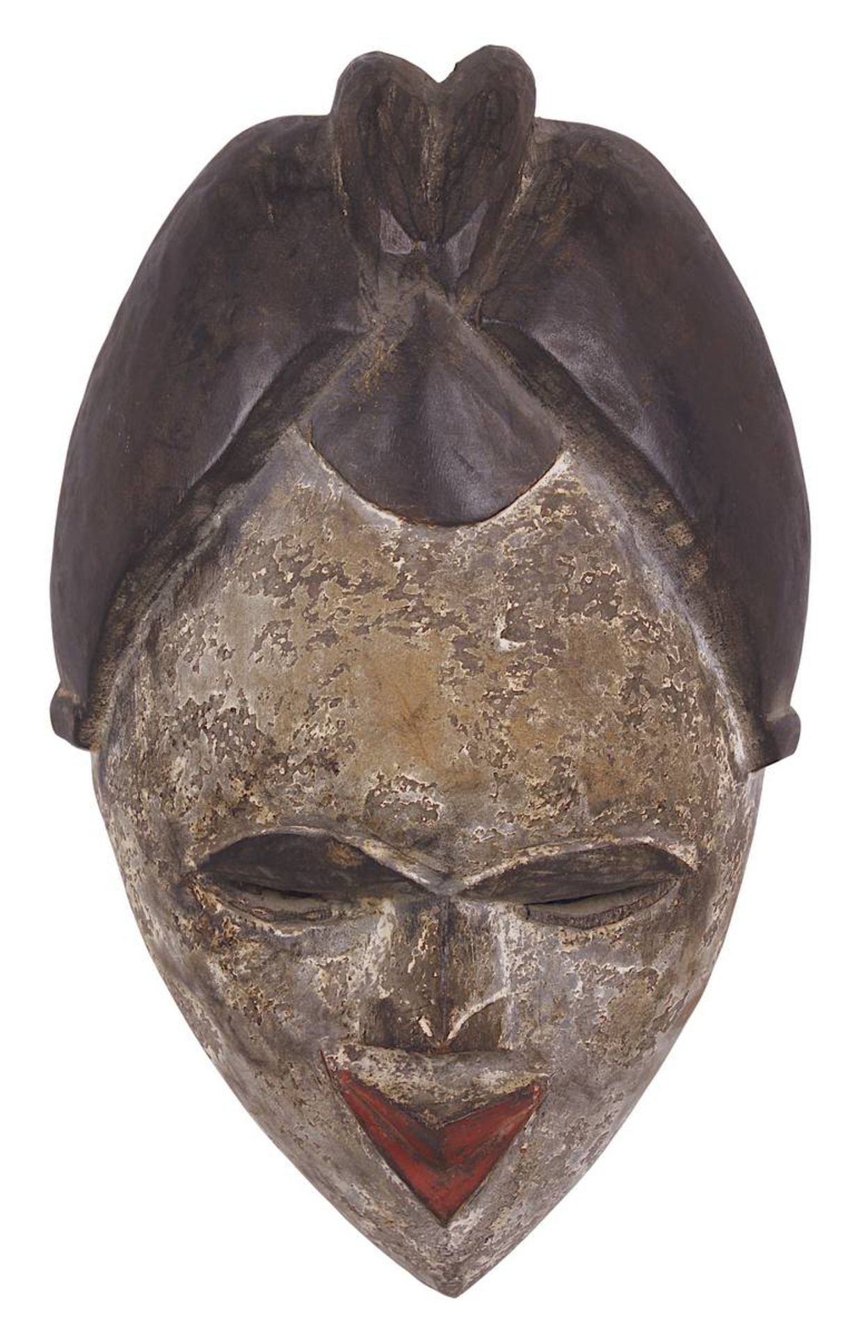 Okuyi-Maske der Tsogho, Gabun, Holz geschnitzt und schwarz, rot und mit Kaolin bemalt, Maske eines