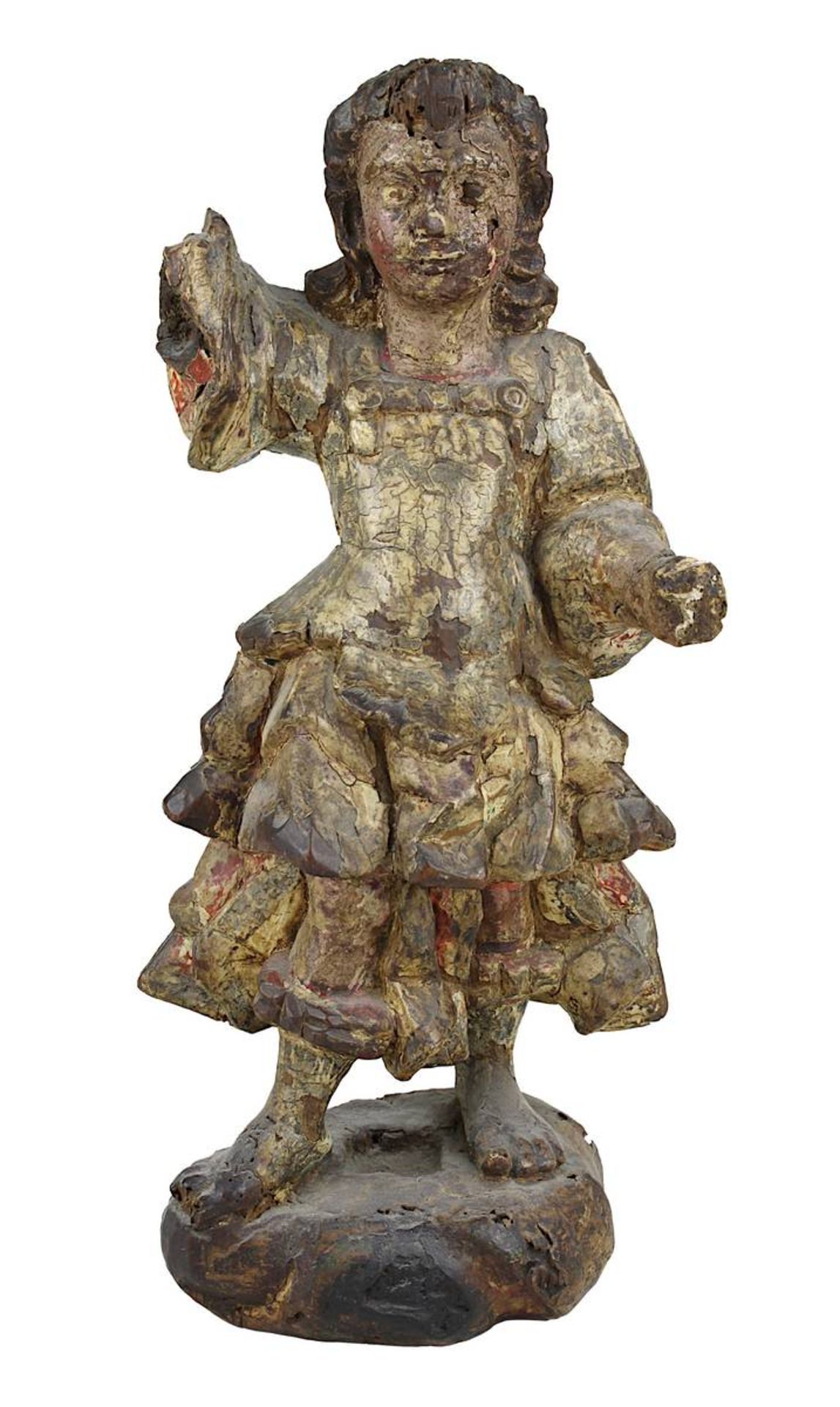 Engelsfigur aus Holz, kolonialspanisch 18. Jh., Holz geschnitzt und mit Resten der farbigen Fassung,