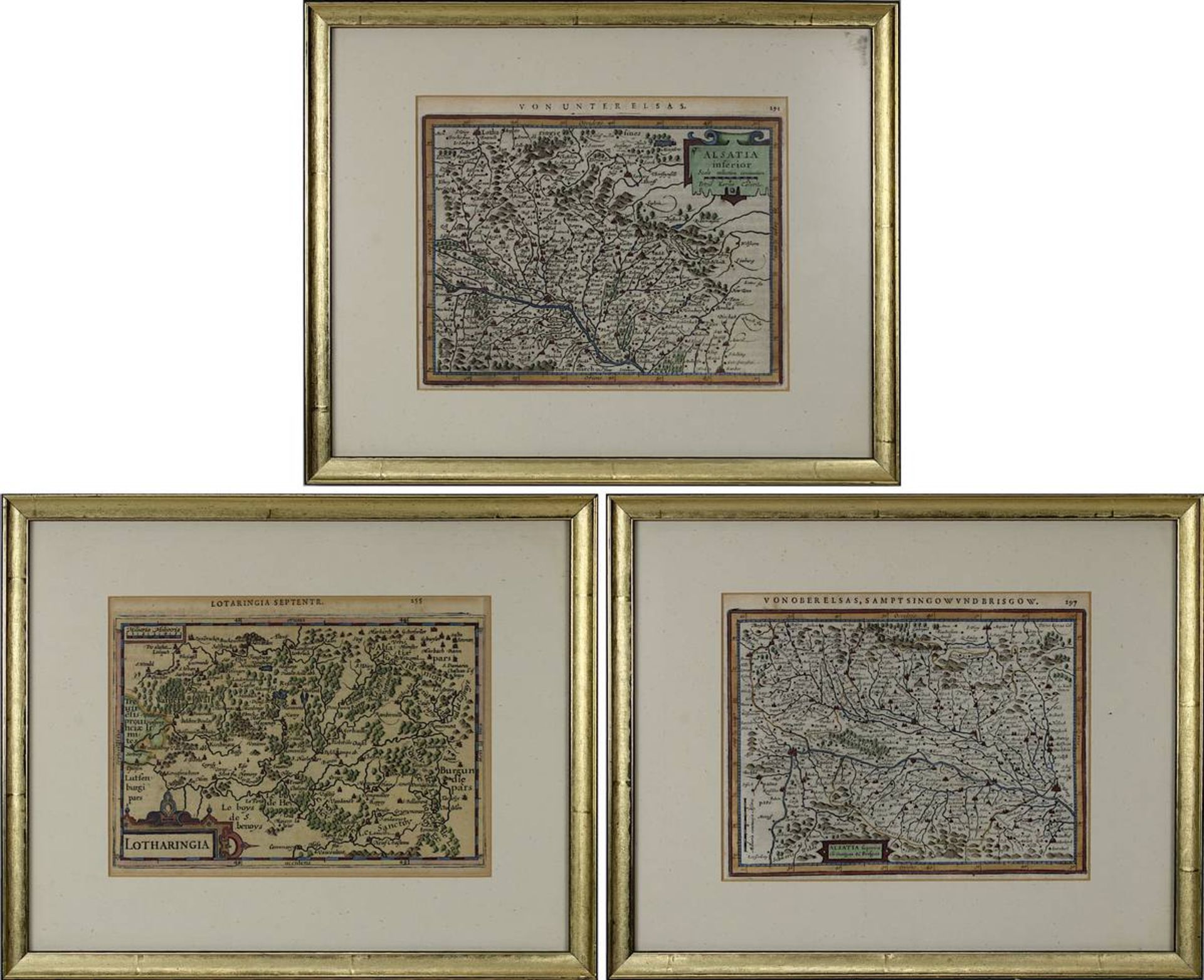 Drei kolorierte Kupferstichkarten, 1. H. 17. Jh., zwei Karten vom Elsass, "Alsatia Inferior u.