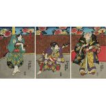 Utagawa Kunisada (1786 - 1865), 3 japanische Farbholzschnitte, Triptychon mit Theaterszene,