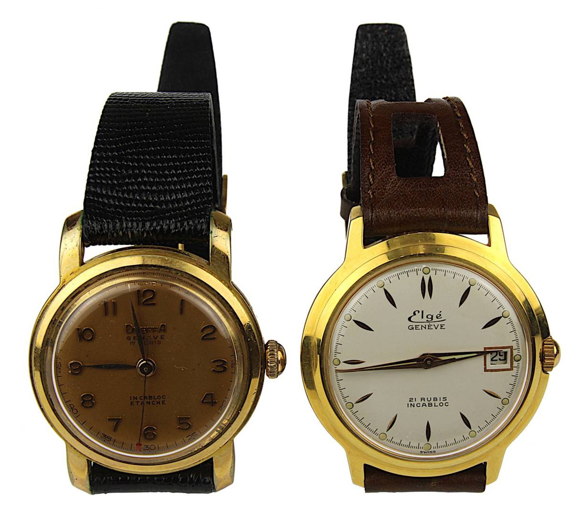 2 Herren-Armbanduhren, Schweiz 1950er- bis 60er Jahre, jew. vergoldetes Gehäuse mit Stahlboden, jew.