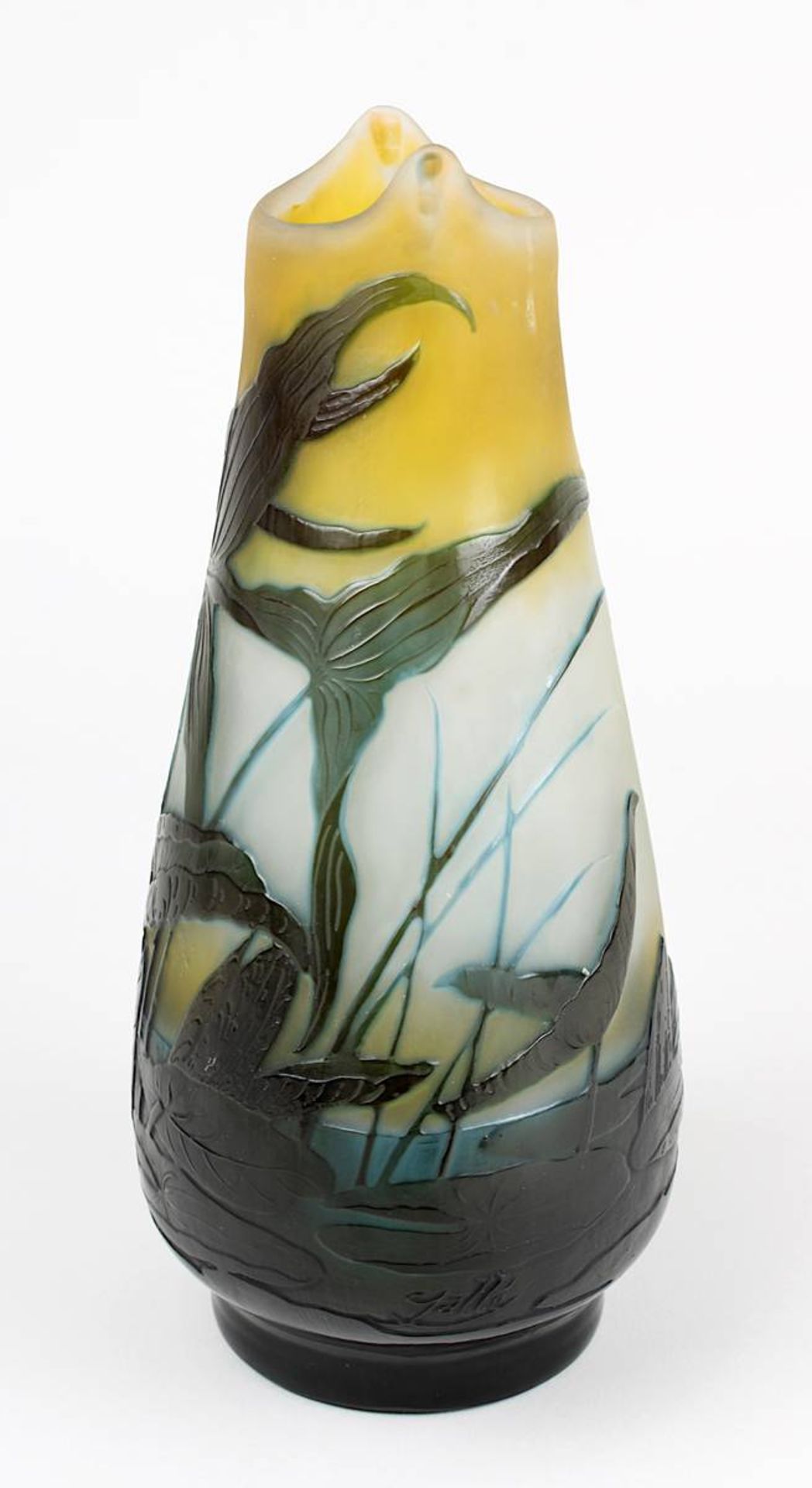 Gallé Jugendstilvase mit Seerosendekor, Nancy 1906 - 1914, seltene Gallé-Vase aus Klarglas, mit - Bild 2 aus 5