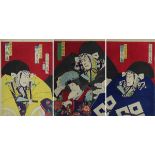 Toyohara Kunichika (1835 - 1900), 3 japanische Farbholzschnitte, Triptychon mit Theaterszene, die