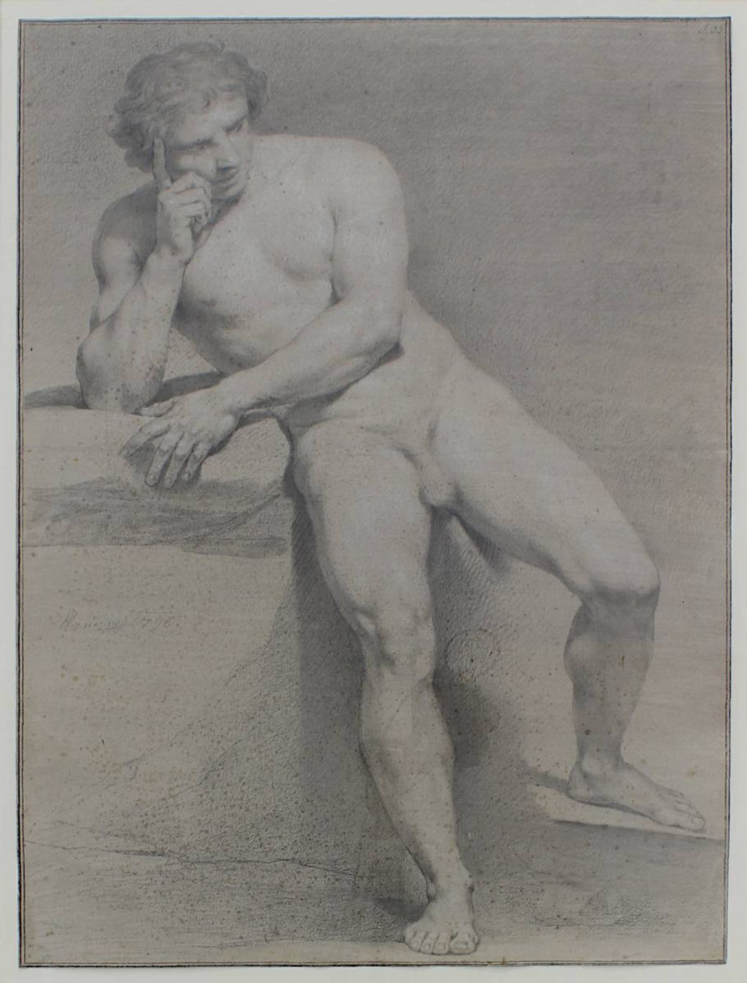 Zeichner um 1800, Männlicher Akt mit aufgestütztem Kopf, Studie in Bleistift u. Kohle, partiell weiß - Image 2 of 2