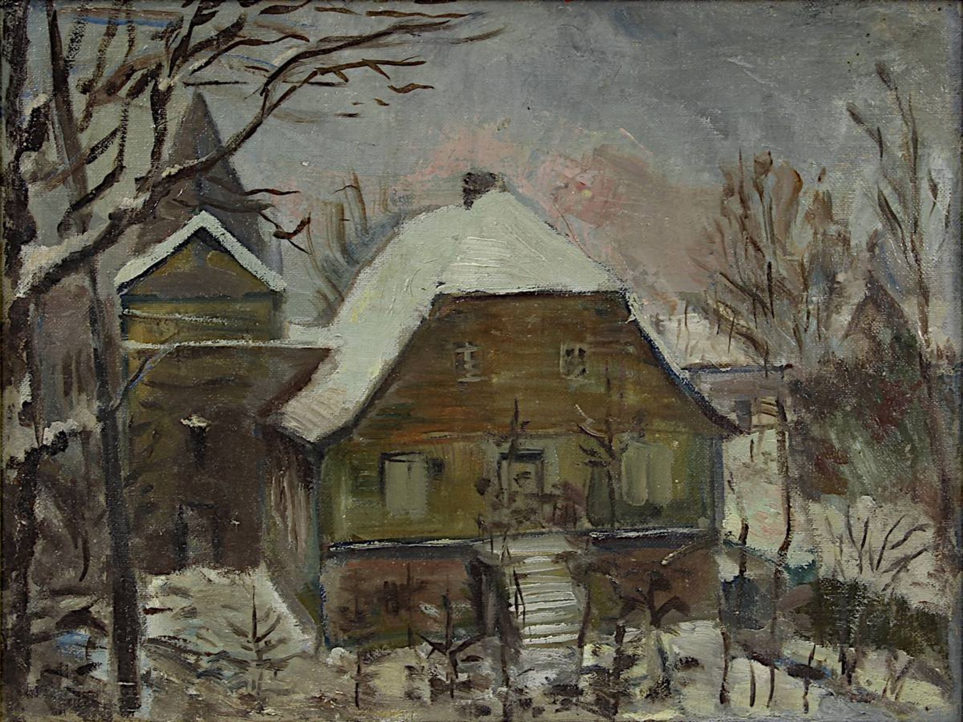 Deutscher Impressionist (um 1900), Haus mit Dorfkapelle im Winter, Öl/Lwd., pastos-impressionistisch - Bild 2 aus 2