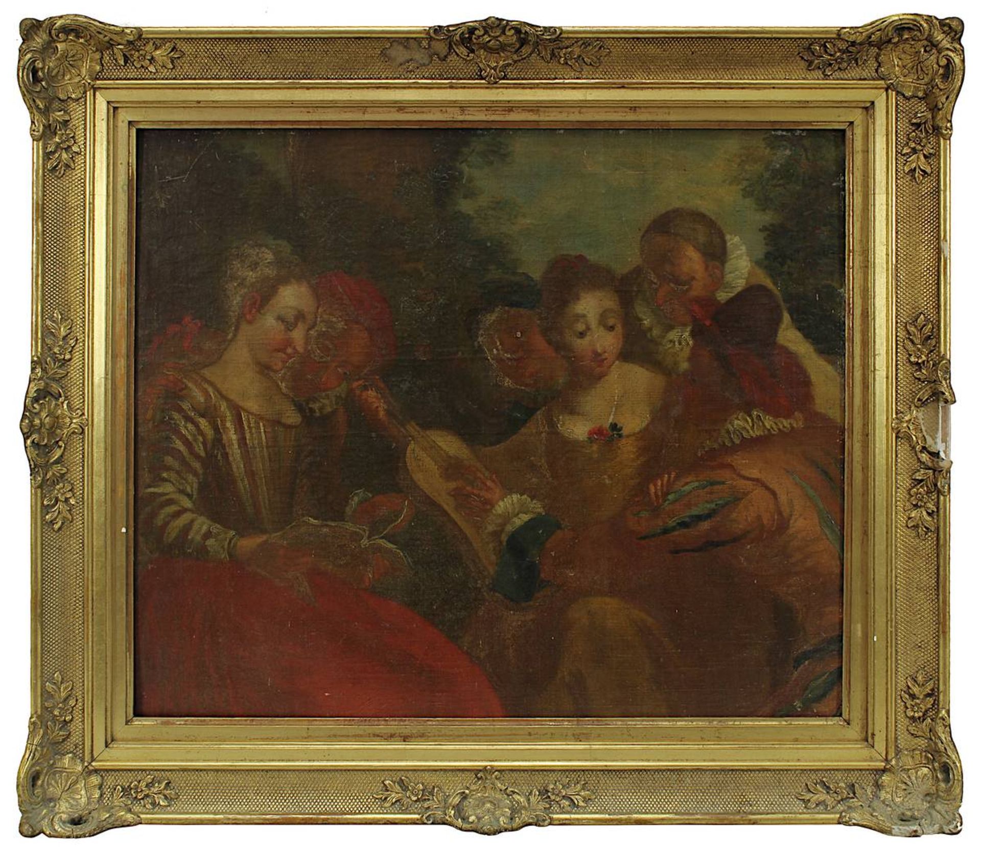 Watteau, Jean-Antoine-Nachfolger, Vergnügte Gesellschaft, wohl 18. Jh., Öl auf Leinwand, auf
