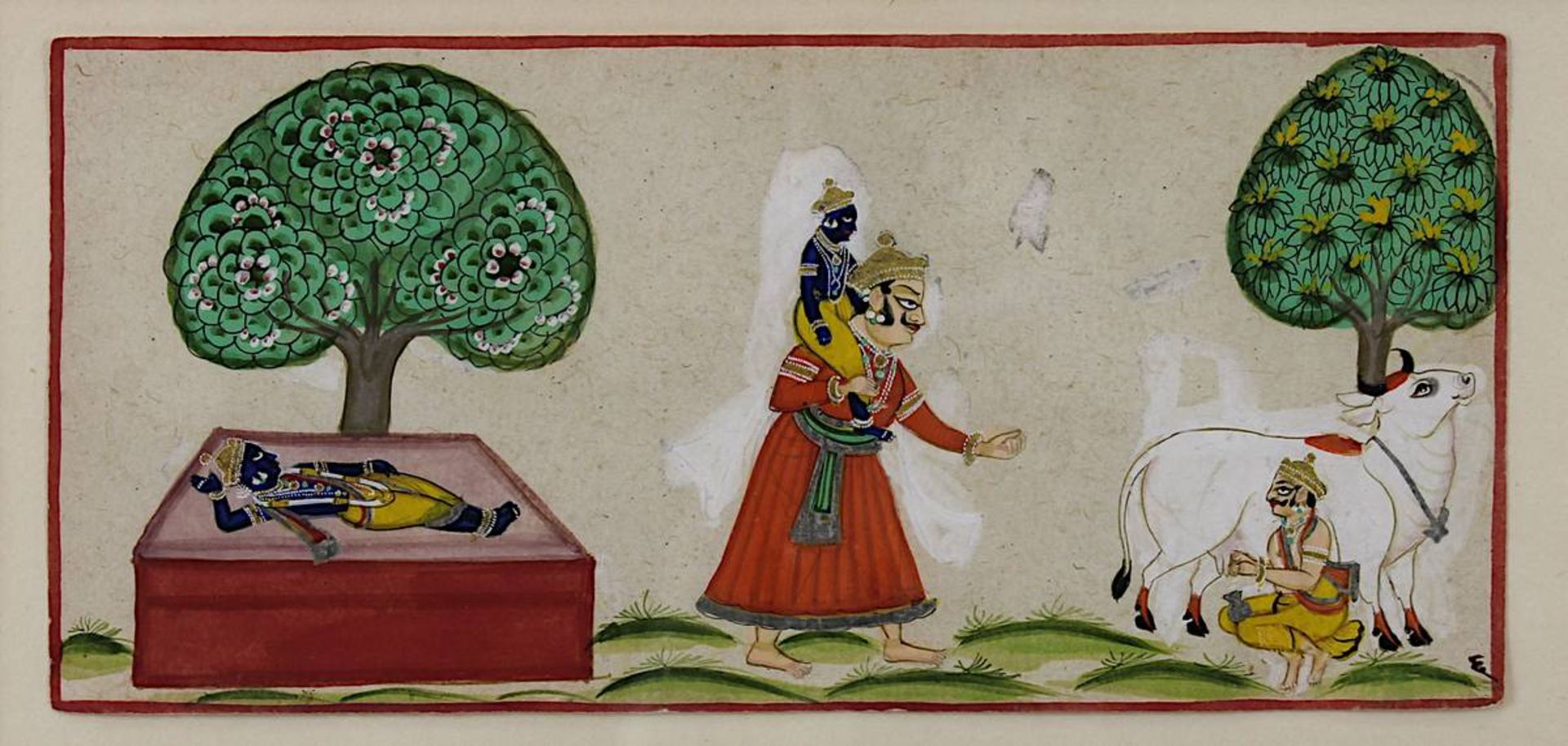 Indischer Künstler, wohl 19. Jh., Aquarell mit Darstellungen Indischer Götter u. einer heiligen Kuh,