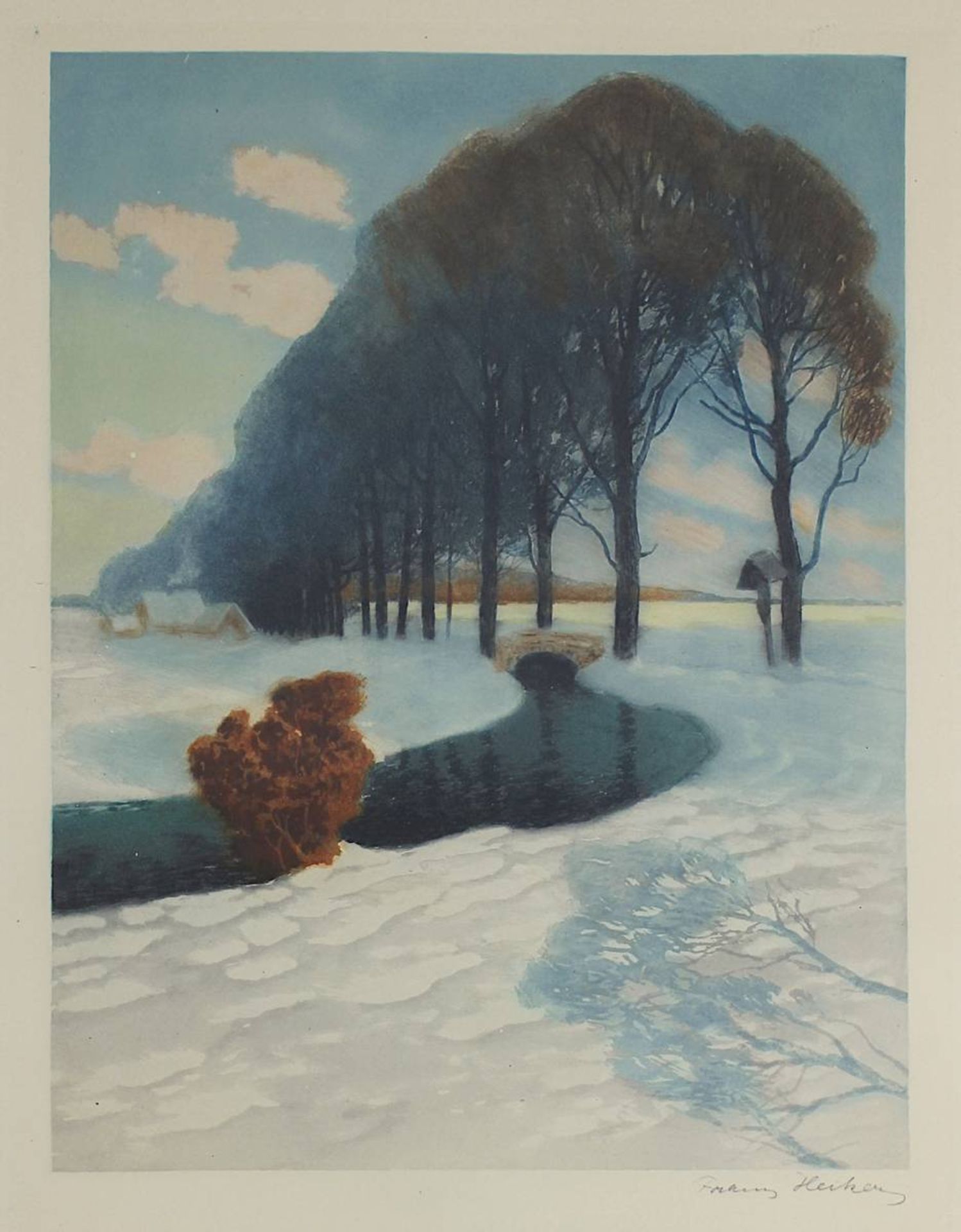Heiken, Franz (geb. 1900 -?), Bachlauf in verschneiter Landschaft, Farbradierung, re. unt. sign., 60 - Bild 2 aus 2