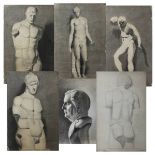 Sechs Schwarzweiß-Zeichnungen, Akademiestudien von Statuen und Büsten, Ende 19. Jh., Graphit bzw.