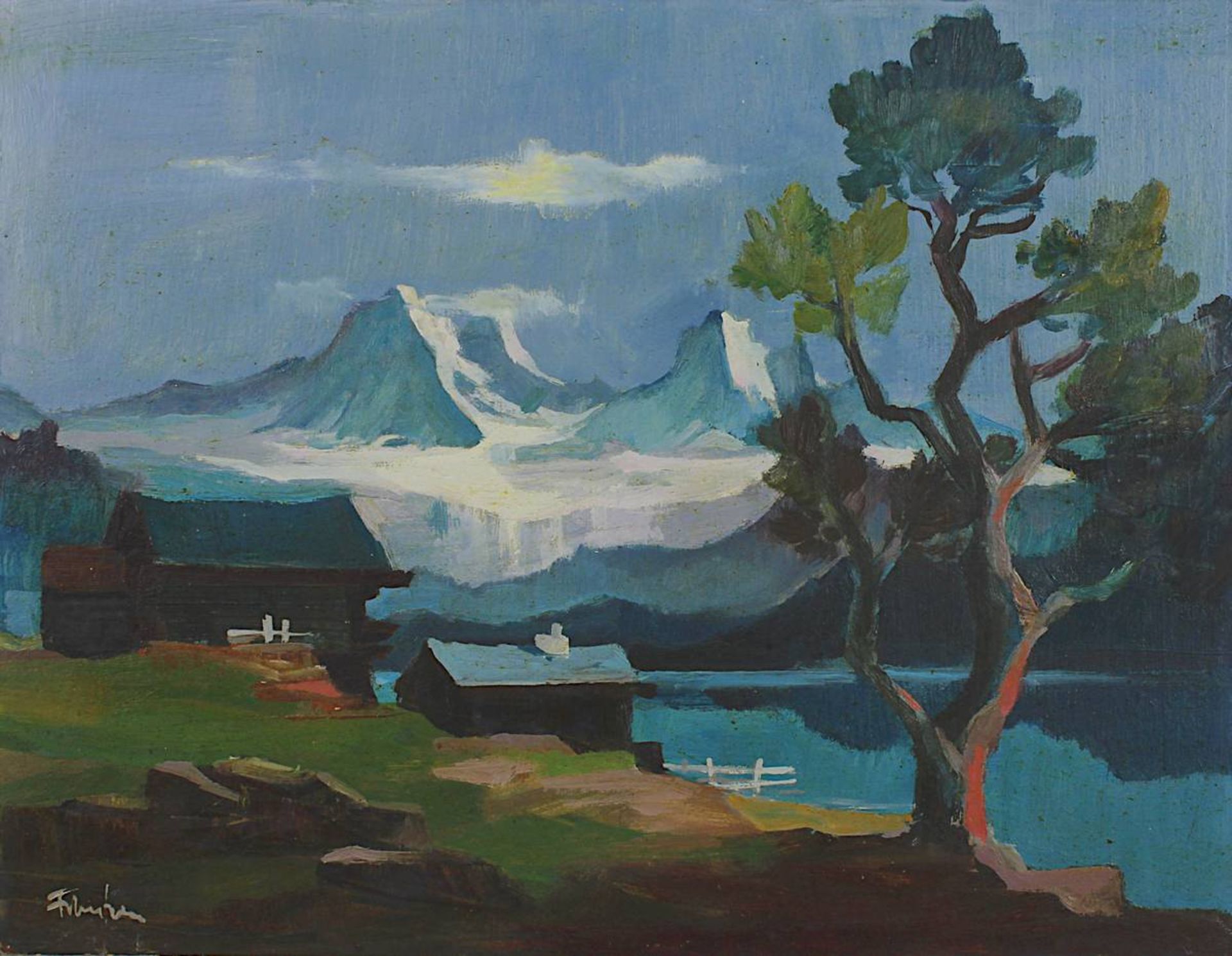 Frantzen, Peter (Saarbrücken 1913 - 2003 Dudweiler), Alpensee, mit Blick auf verschneite Berggipfel, - Bild 2 aus 2