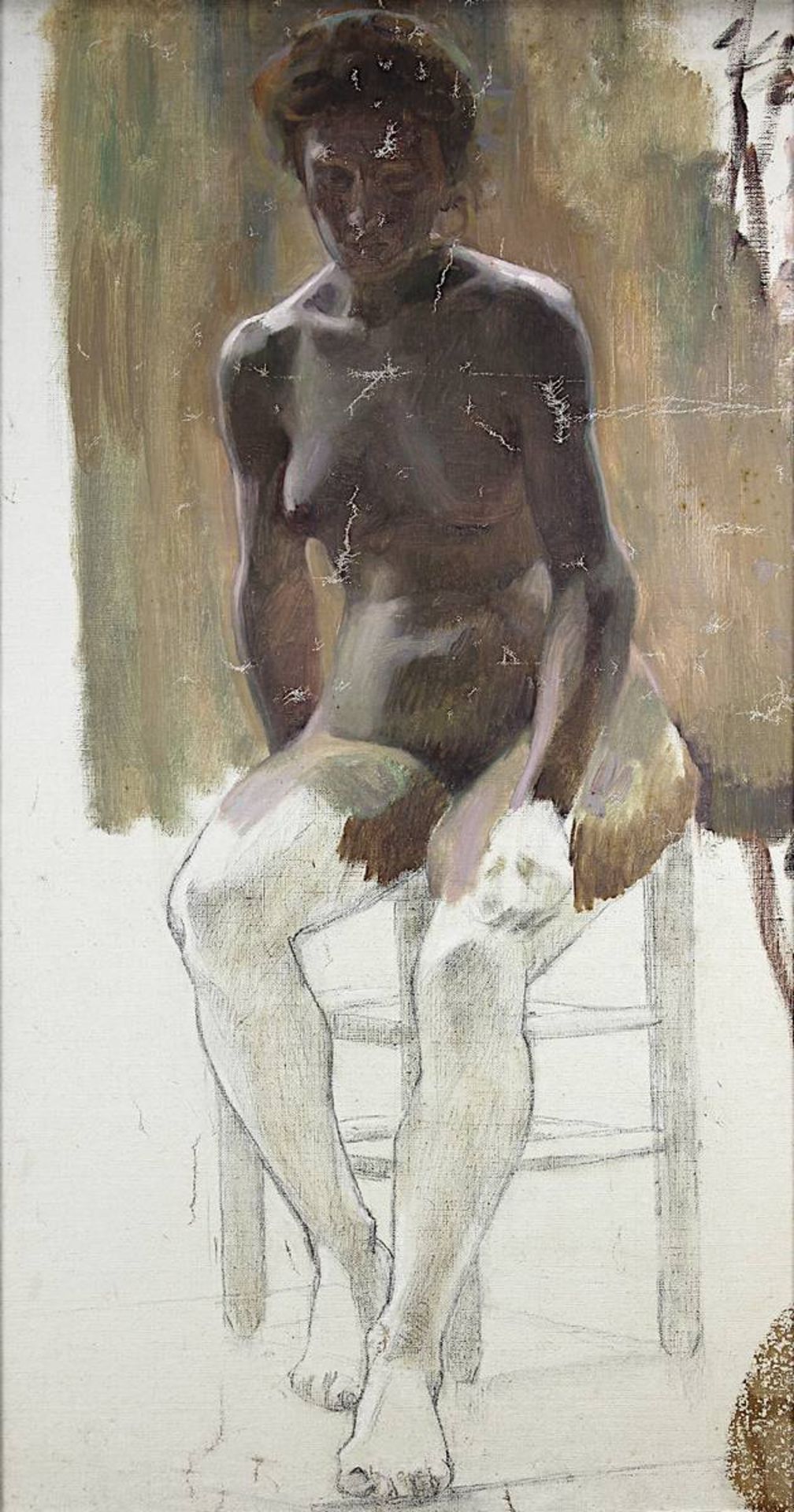Aktmaler 2. H. 19. Jh., auf Stuhl sitzender weiblicher Akt, Aktstudie um 1890, Öl auf Leinwand, - Bild 2 aus 2