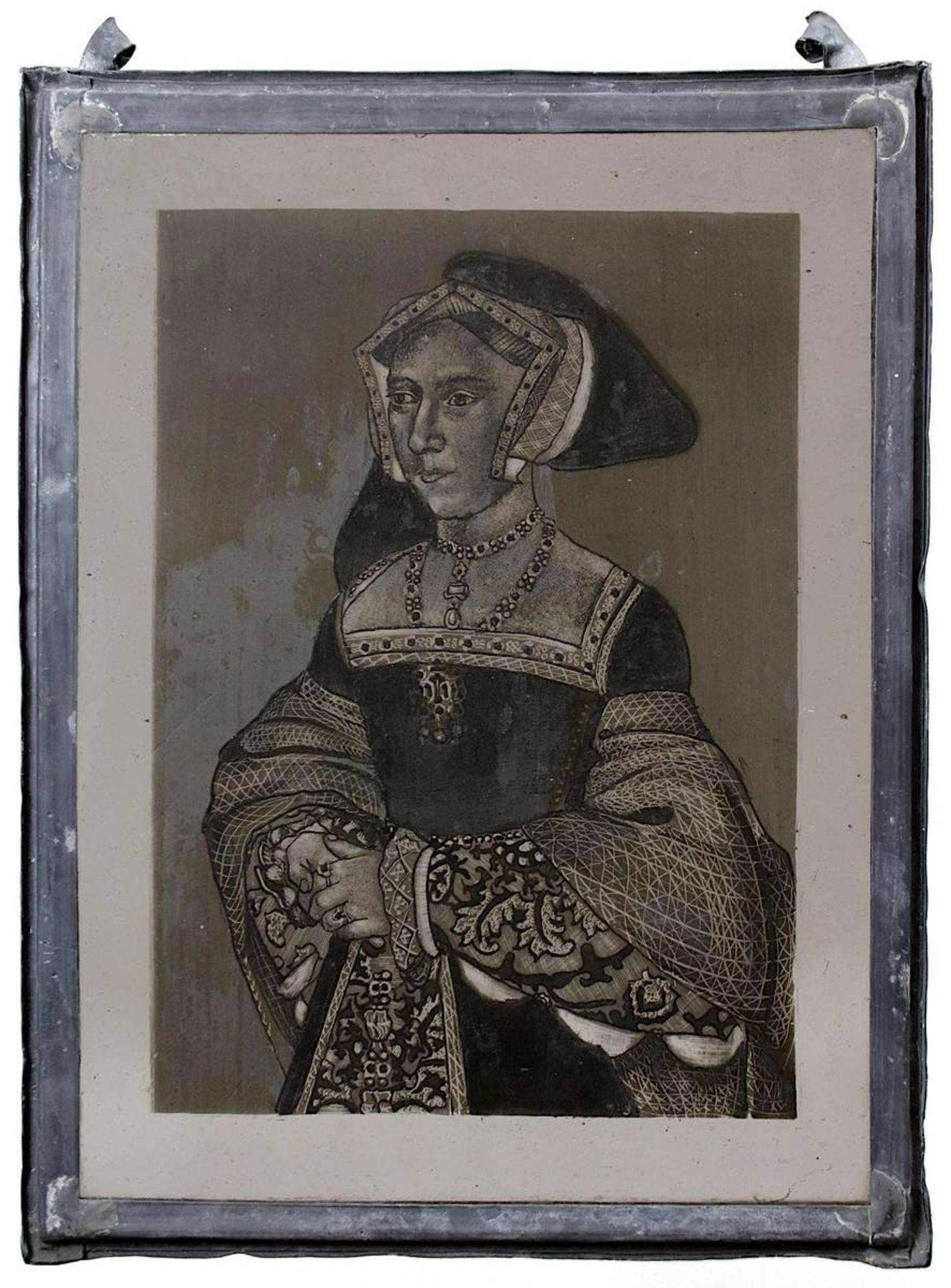 Fensterbild, wohl deutsch 1. H. - M. 20. Jh., Darstellung einer Dame der Tudorzeit, am unt. Rand