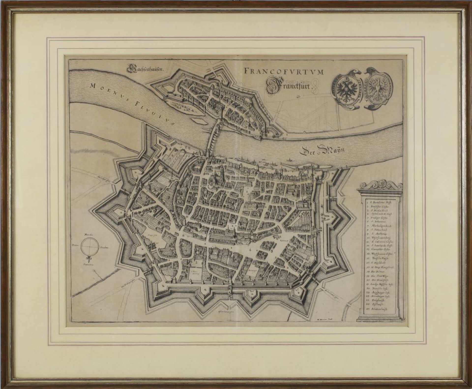 Frankfurt/Main - "Francofurtum", Kupferstich von M. Merian um 1650, Blick aus der Vogelschau, mit