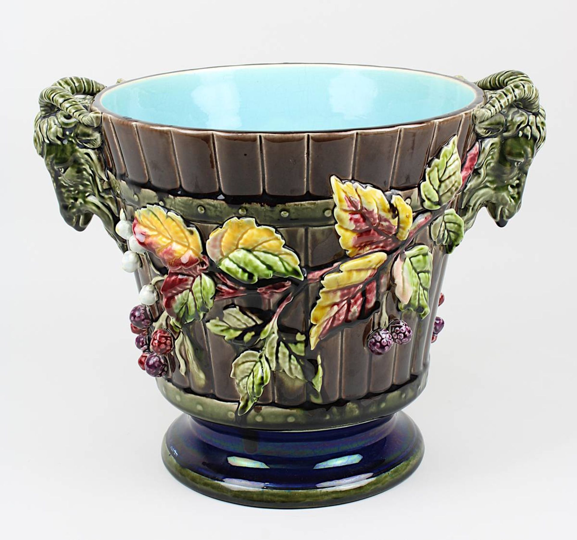 Sarreguemines Keramik Majolika-Cachepot, Utz Schneider & Cie um 1900, Keramik, heller Scherben,
