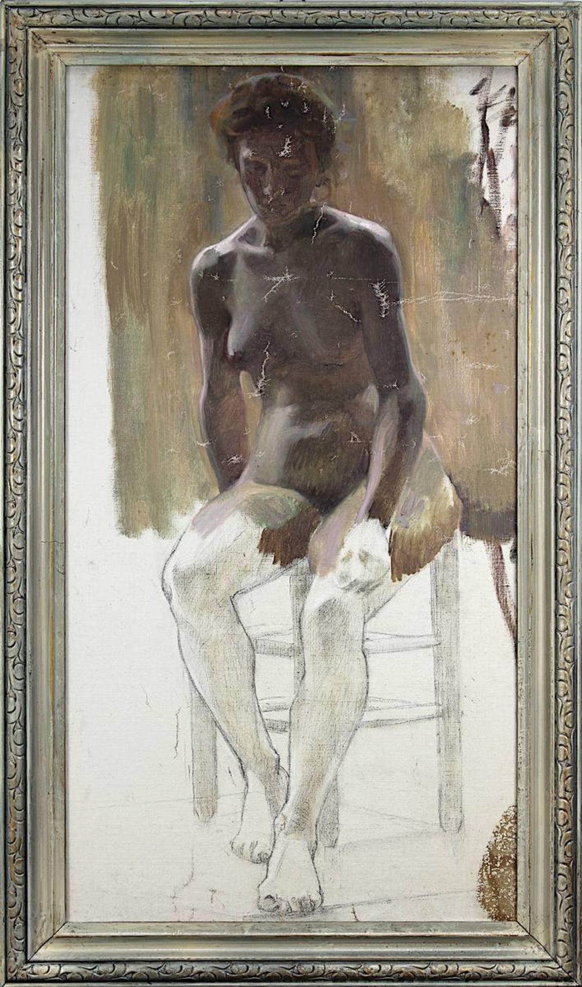 Aktmaler 2. H. 19. Jh., auf Stuhl sitzender weiblicher Akt, Aktstudie um 1890, Öl auf Leinwand,