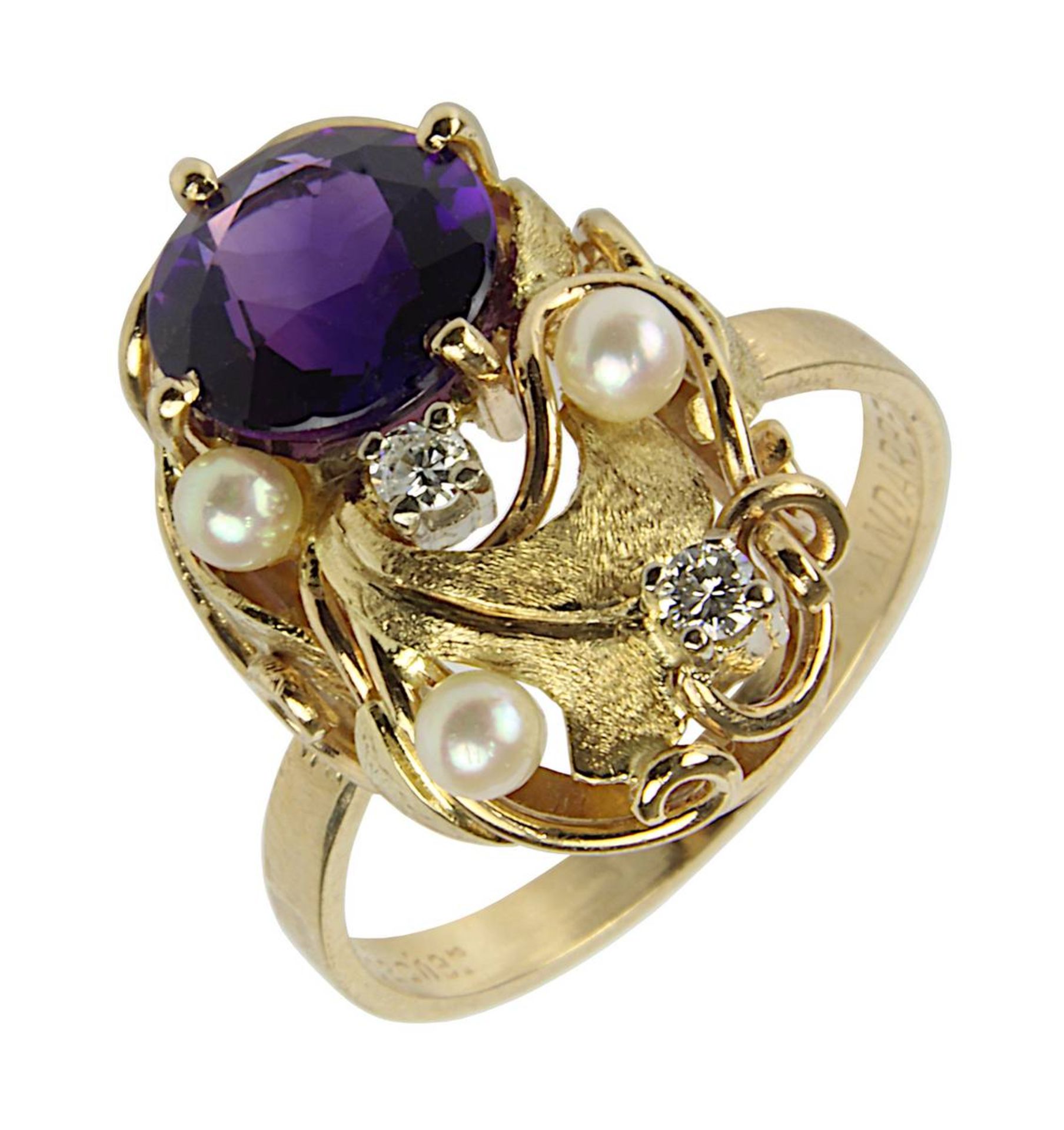 Gelbgold-Ring mit Amethyst, Perlen und Brillanten, Juwelier Rohrbacher, Zweibrücken um 1960,