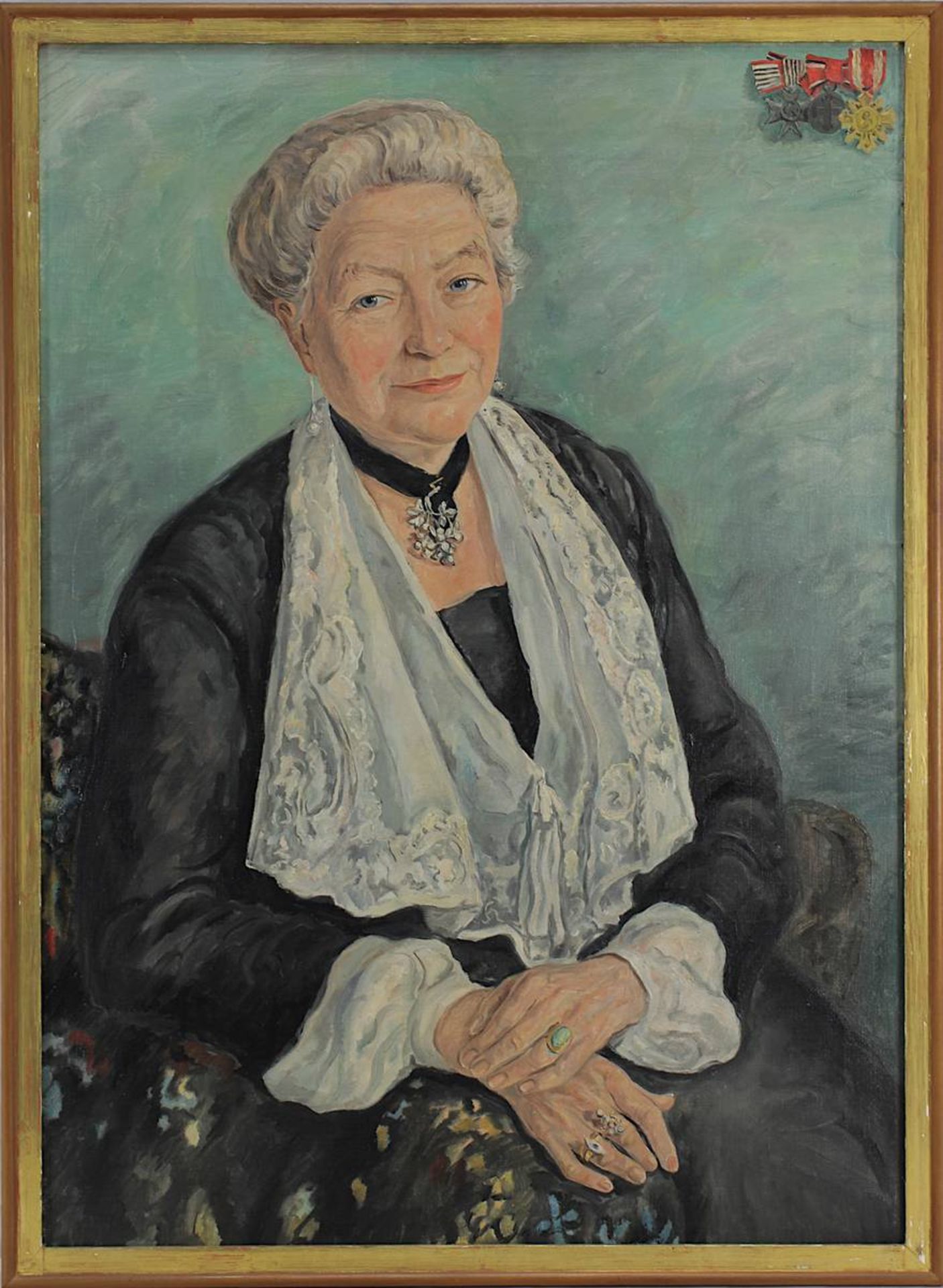 Porträtmaler 1. H. 20. Jh., Halbporträt einer älteren Dame im schwarzen Samtkleid, der Ärztin Dr.