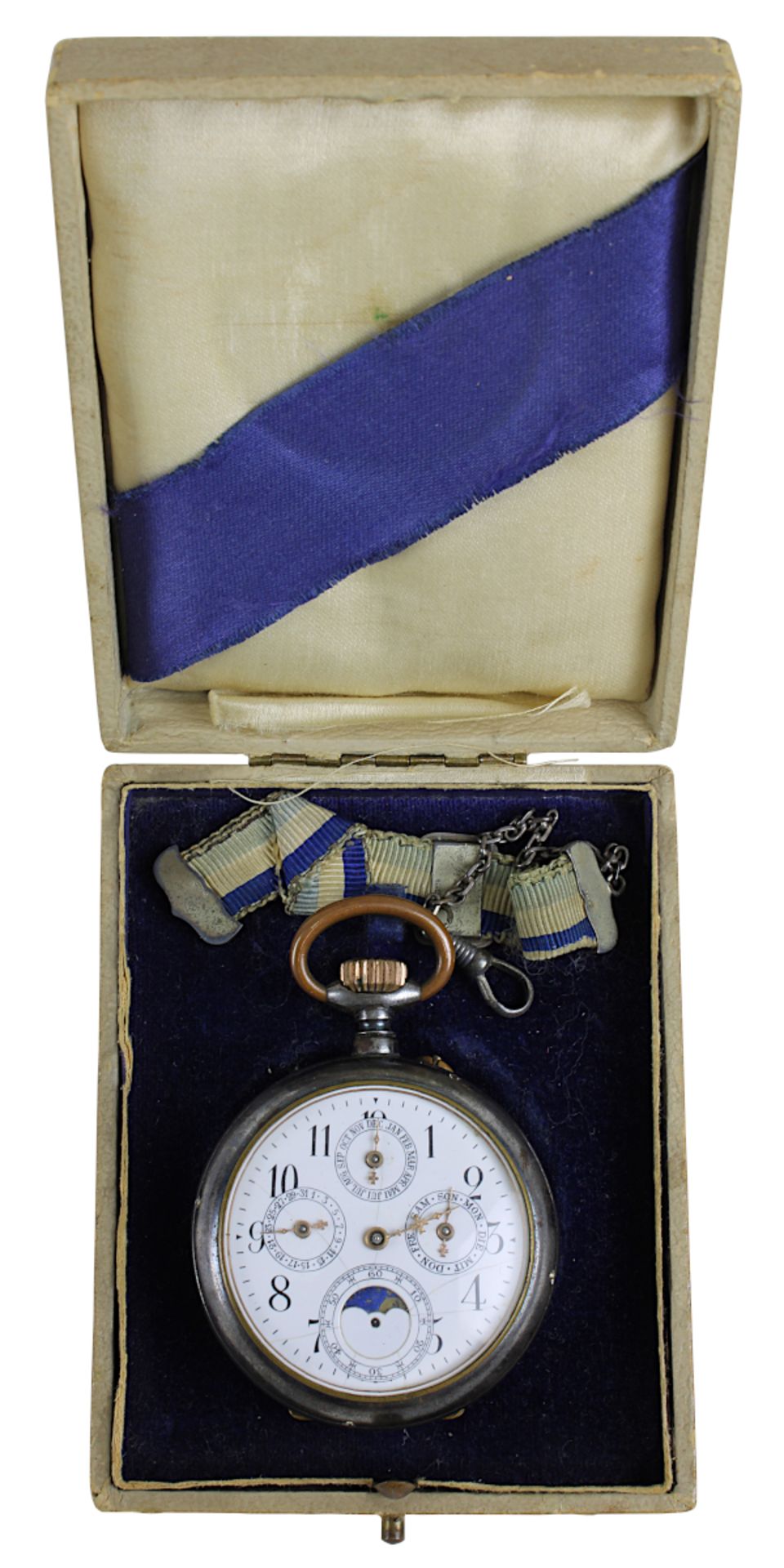 Komplikations-Taschenuhr mit Mondphase, Schweiz um 1900, Eisengehäuse, vergoldetes Brückenwerk mit