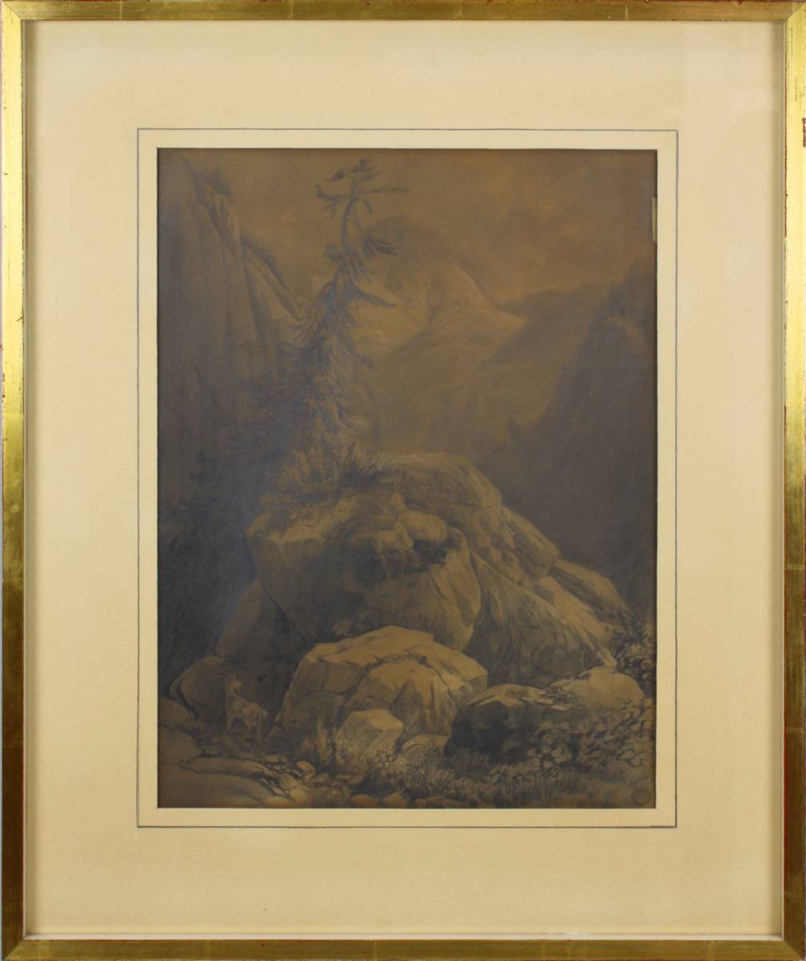 Schertel, Josef (Augsburg 1810 - 1869 München), attrib., Alpenlandschaft mit Felsen und Gämsen,