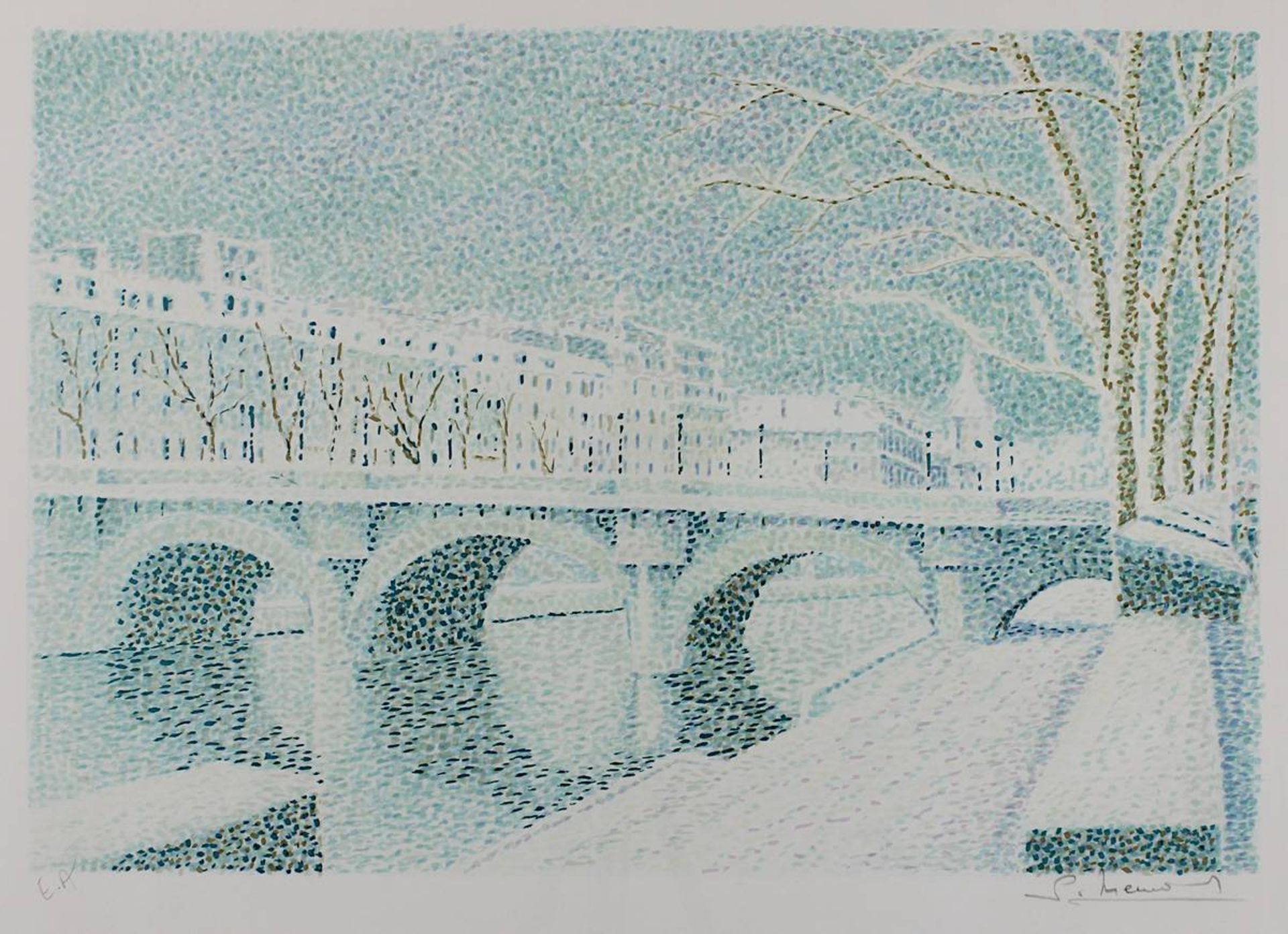 Mendjisky, Serge (Paris 1929 - 2017 Paris), Flussufer mit Bogenbrücke, wohl Seineufer in Paris, - Bild 2 aus 2