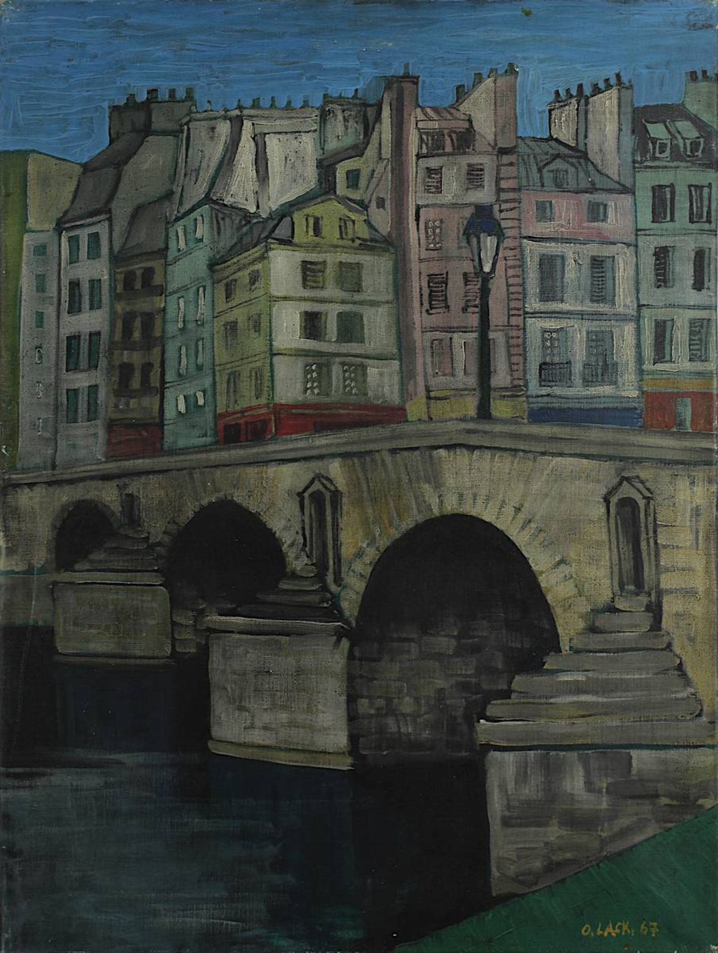Lackenmacher, Otto (Saarbrücken 1927 - 1988 Saarbrücken), Bogenbrücke mit Häuserzug in Paris, Öl auf