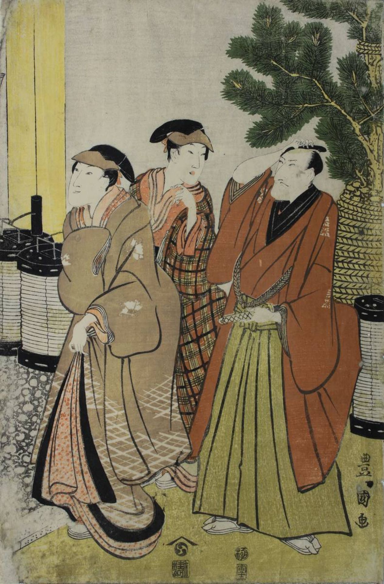 Utagawa Toyokuni (1769 - 1825), 2 japanische Farbholzschnitte mit Theaterszenen: 1 Blatt aus einem - Bild 2 aus 3