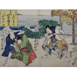 Shunkosei Hokuei (akt. ca. 1829 - 1837), 2 japanische Farbholzschnitte, Diptychon mit Theaterszene
