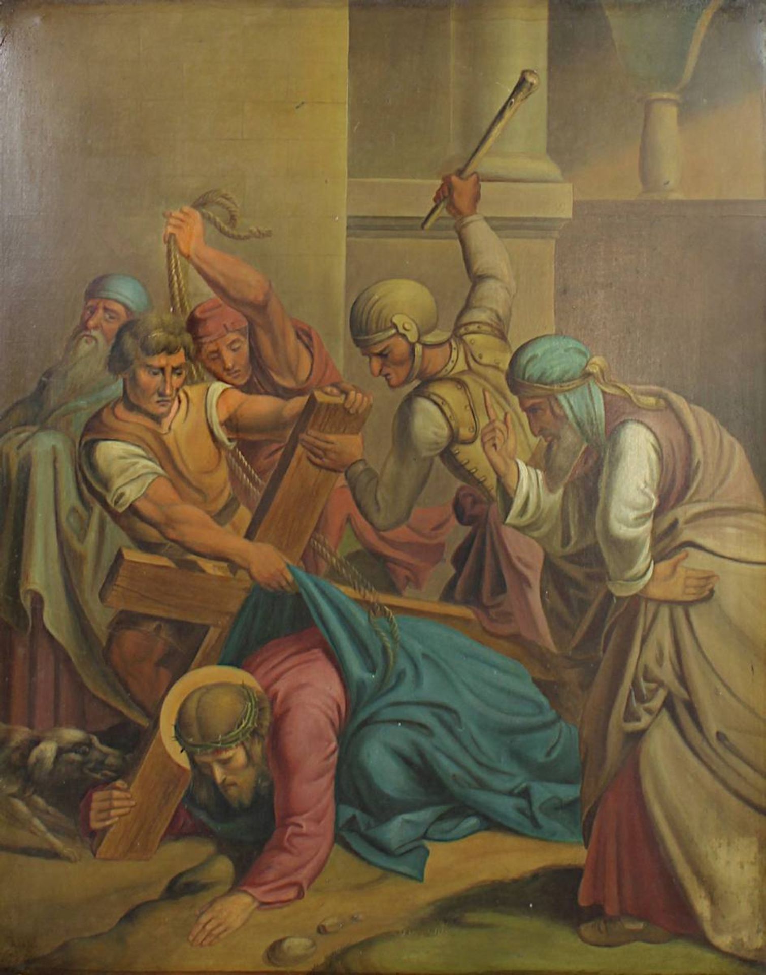Heiligenmaler Ende 19. Jh., Kreuzwegstation, "Jesus fällt zum ersten Male unter dem Kreuze" (III - Bild 2 aus 2