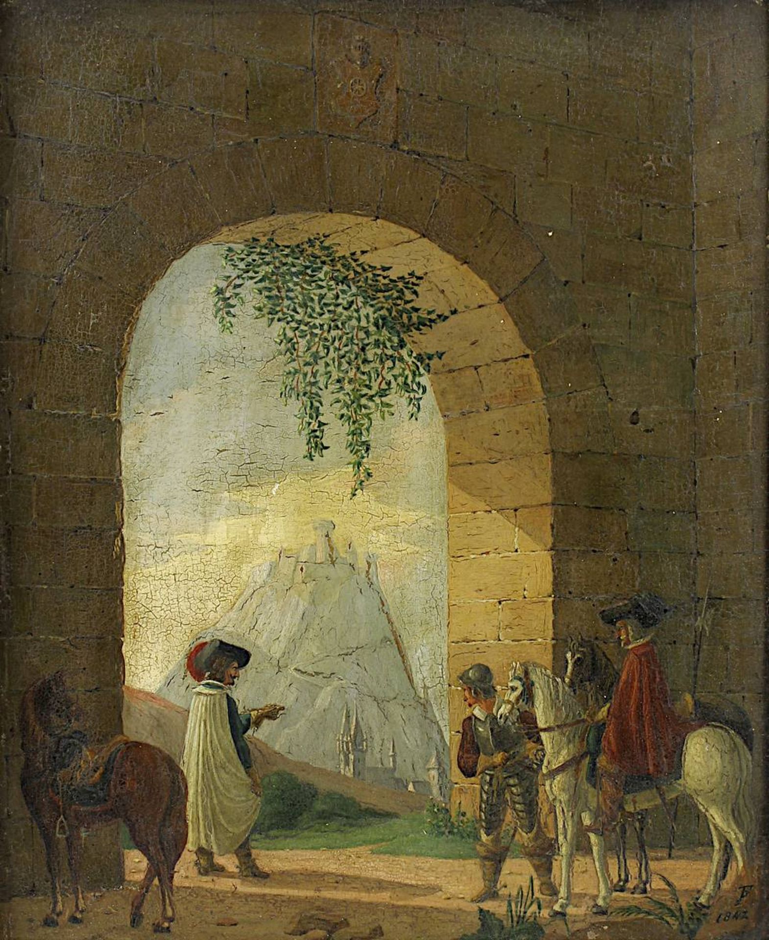 Genremaler (19.Jh.), Edelleute zu Pferd vor Torbogen, Hintergrund mit Burg- und Klosteranlage, im - Bild 2 aus 4