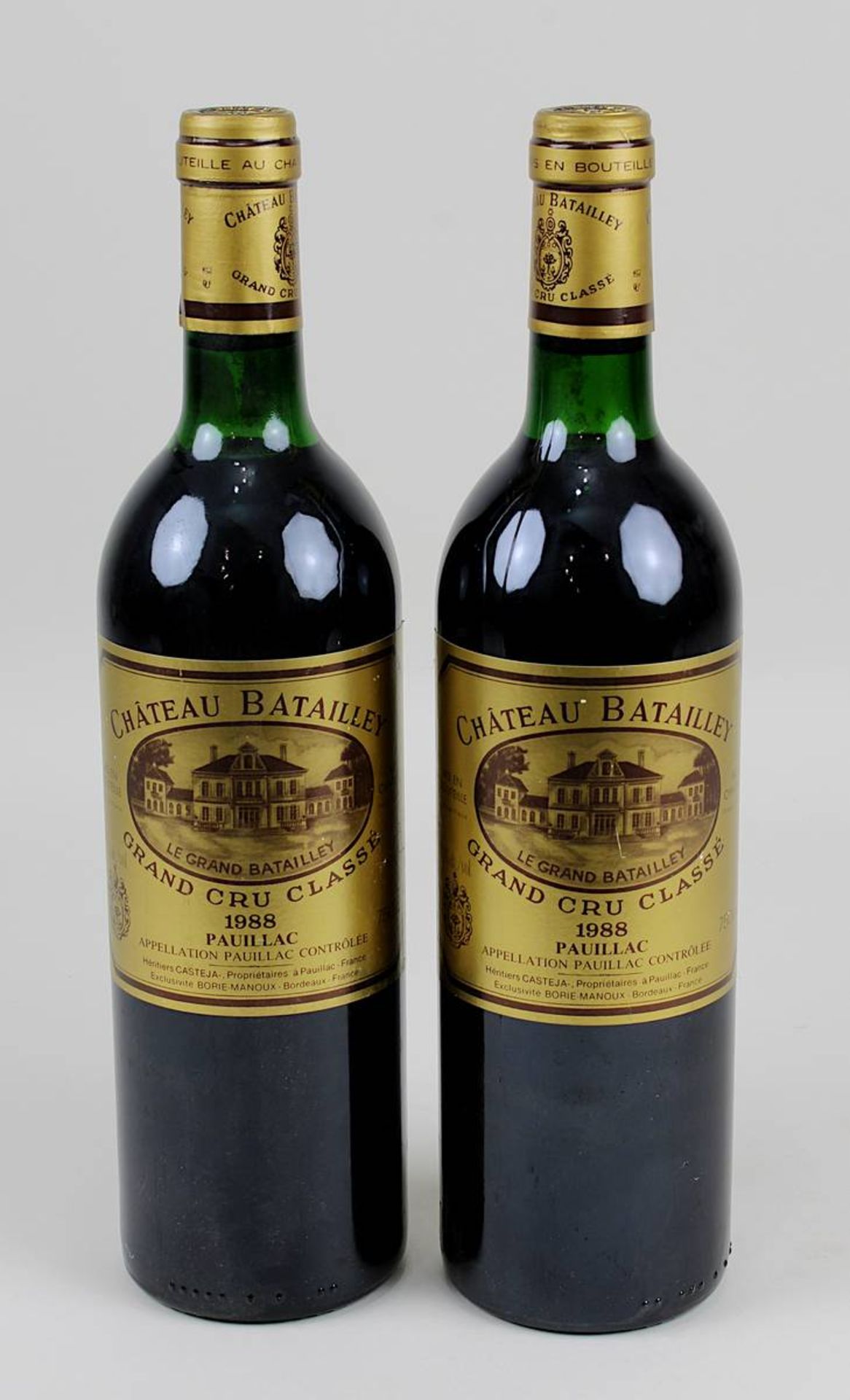 Zwei Flaschen 1988er Château Batailley, Grand Cru Classe, Pauillac, Füllhöhe jeweils Halsansatz,