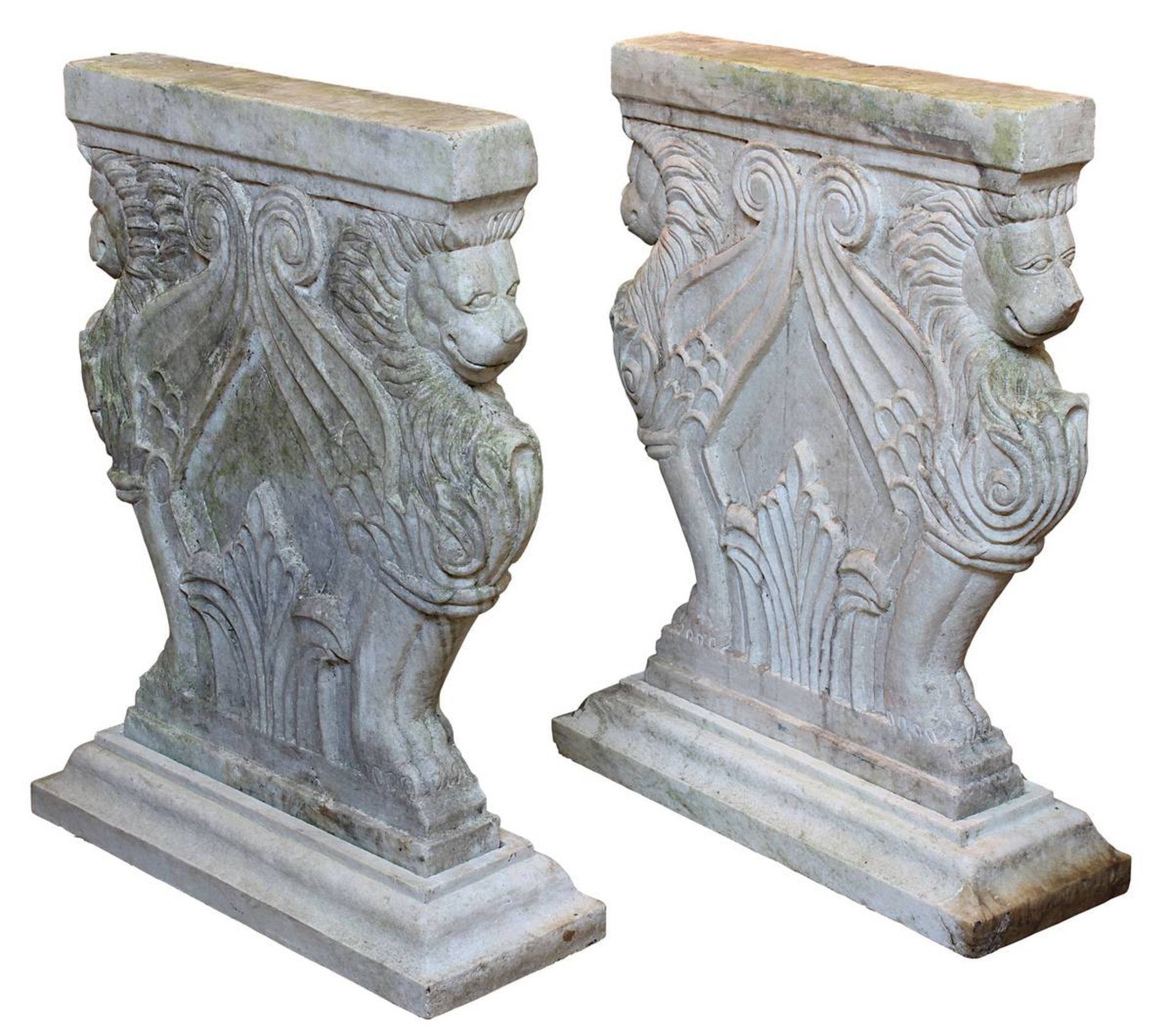 Paar prachtvolle Marmor-Tischwangen im Renaissance-Stil, 20. Jh., in Form von paarig angeordneten