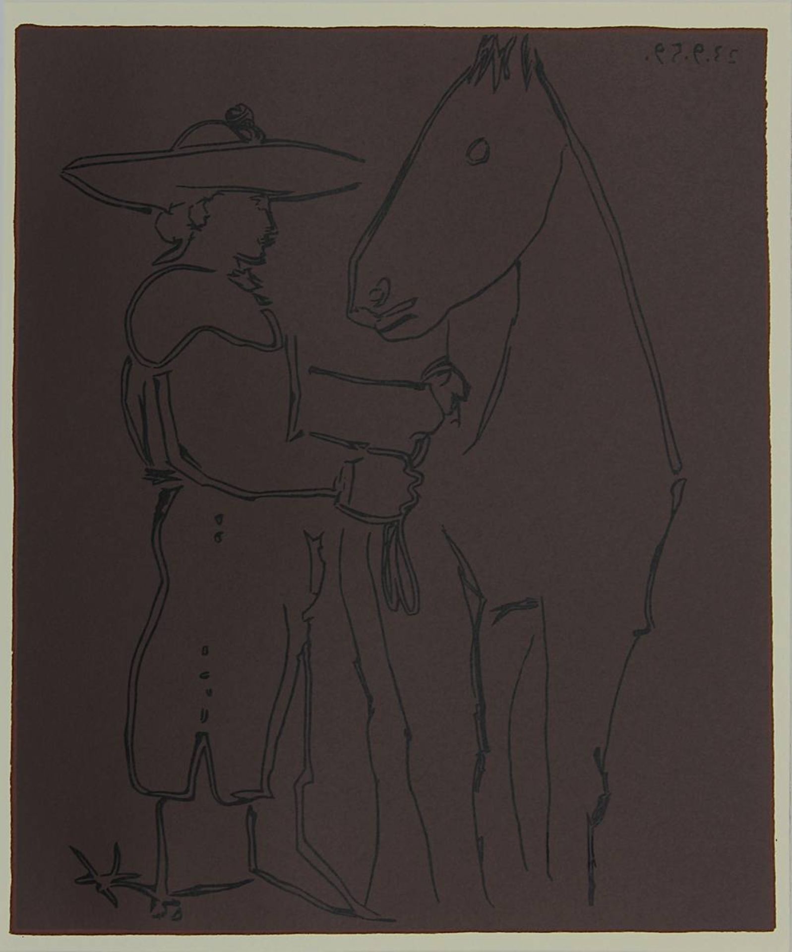 Picasso, Pablo Ruiz (Málaga 1881 - 1973 Mougins), zwei Farblinolschnitte, Pferd mit Reiter und Pferd - Bild 2 aus 3