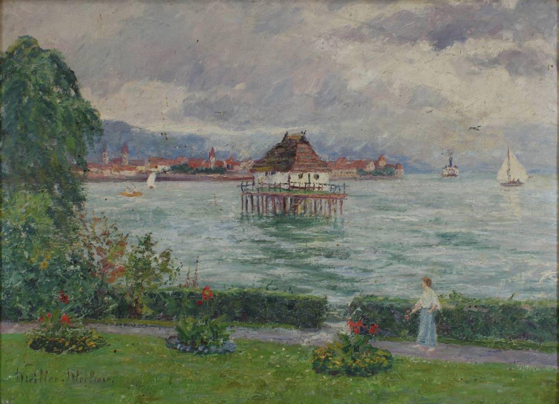 Müller-Werlau, Peter Paul (Werlau 1867 - 1949 Bonn), Blick über den Bodensee, Öl auf Malkarton, - Bild 2 aus 4