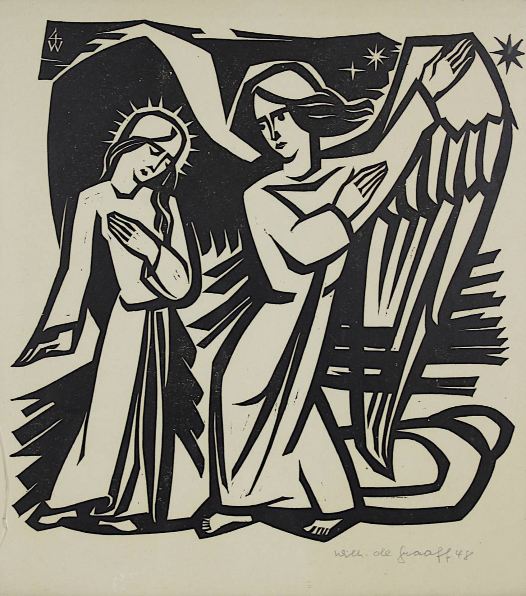 De Graaff, Wilhelm (1912 - 1975), "Verkündigung am Maria", Holzschnitt, re. unt. sign. u. dat. (19) - Bild 2 aus 2