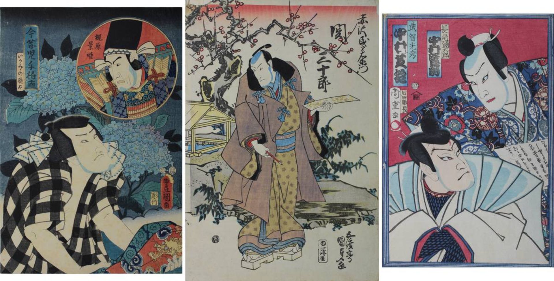 Utagawa Kunisada (1786 - 1865) und Utagawa Chikashige (akt. 1869-1882), 3 japanische