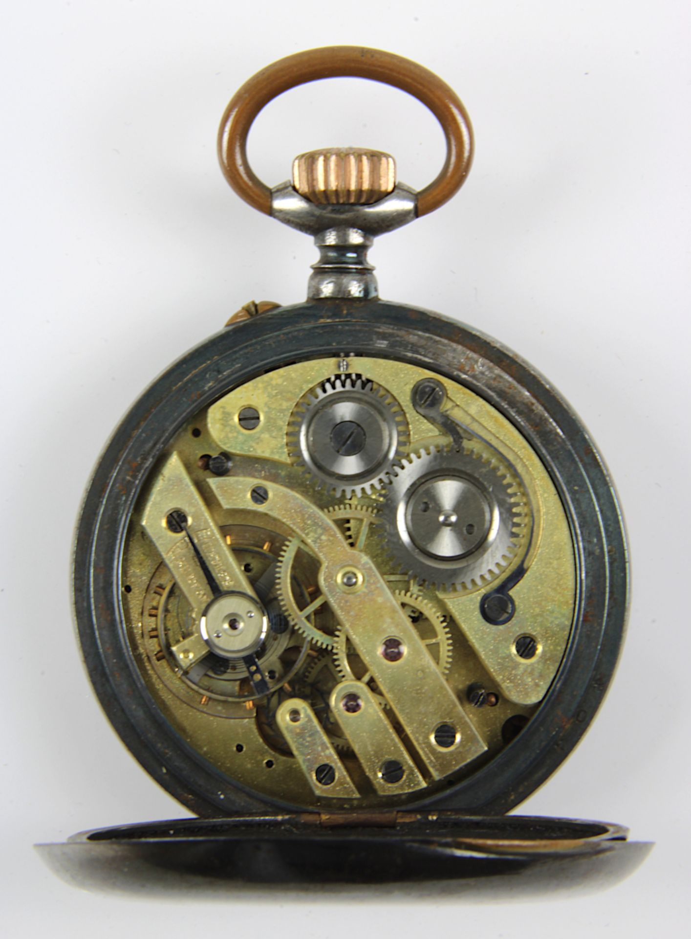 Komplikations-Taschenuhr mit Mondphase, Schweiz um 1900, Eisengehäuse, vergoldetes Brückenwerk mit - Bild 3 aus 5