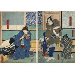 Utagawa Kunisada (1786 - 1865), 2 zusammengehörige japanische Farbholzschnitte mit Theaterszene,