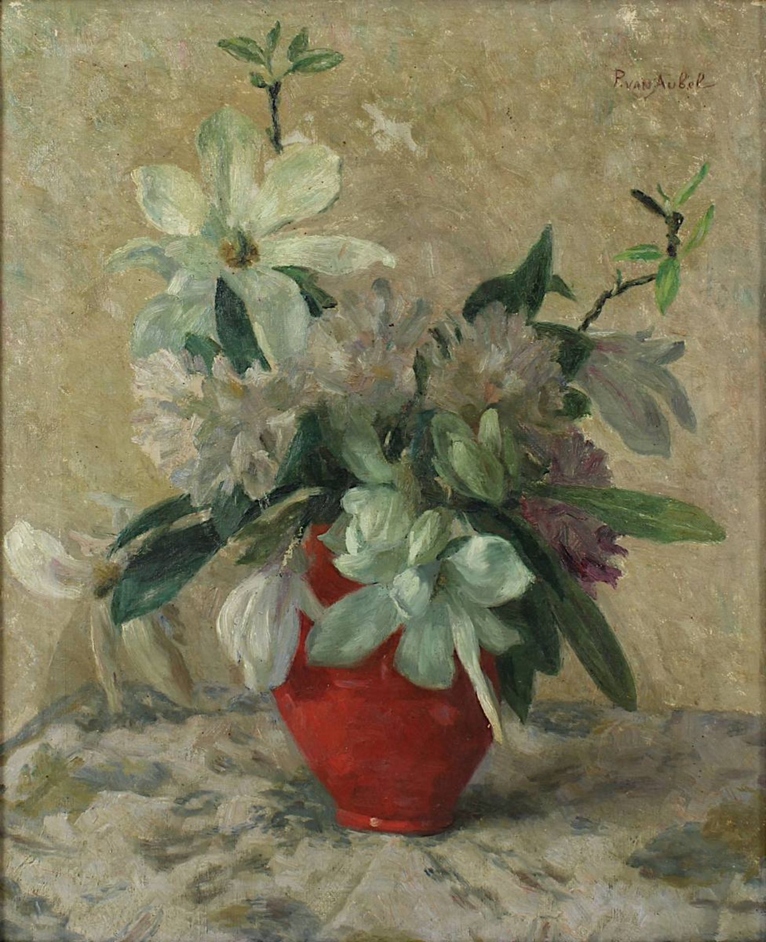 Van Aubel, P. (Niederländsicher Künstler 1. H. 20. Jh.), Vase mit Magnolienzweigen, Öl auf Leinwand, - Bild 2 aus 4