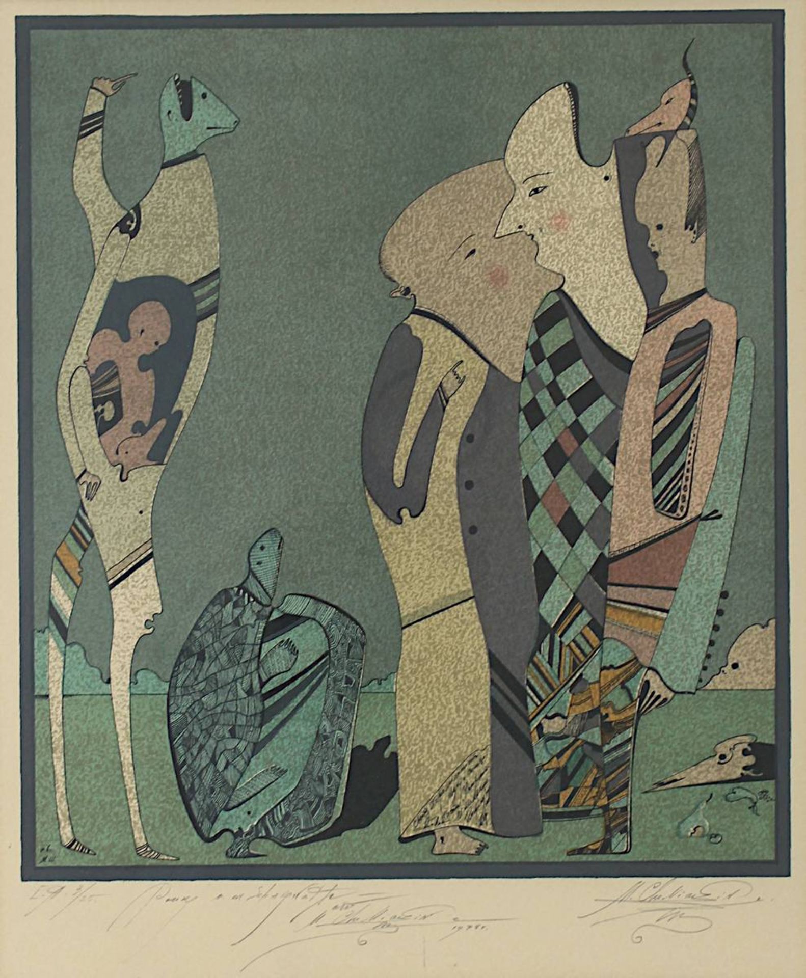 Chemiakin, Mihail (geb. Moskau 1943), Komposition mit Figuren u. Schildkröte, Lithographie, - Bild 2 aus 5