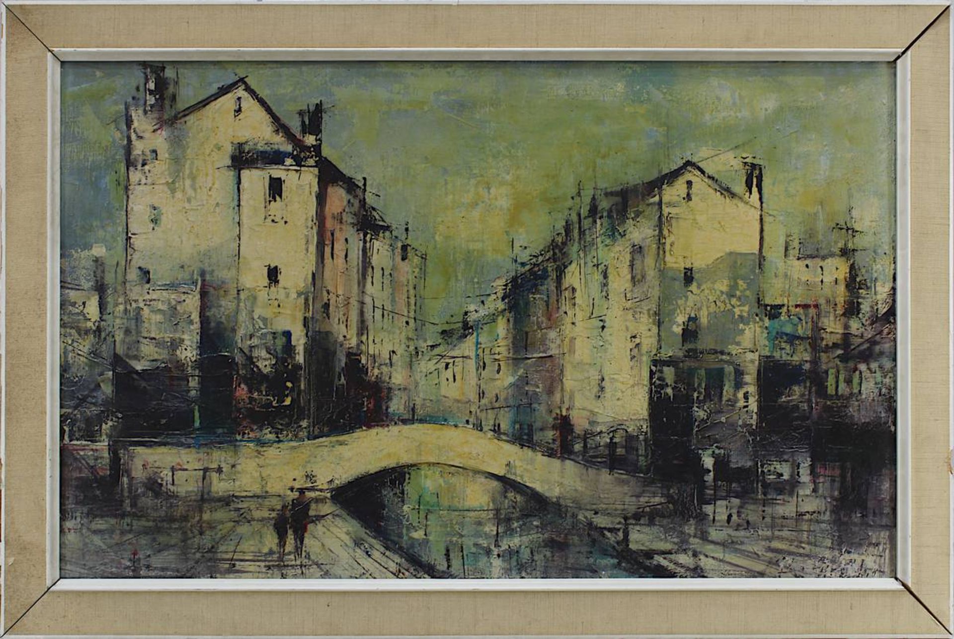 Maler, 2. H. 20. Jh., Ansicht einer wohl französischen Stadt mit Bogenbrücke, Öl auf Leinwand, re.