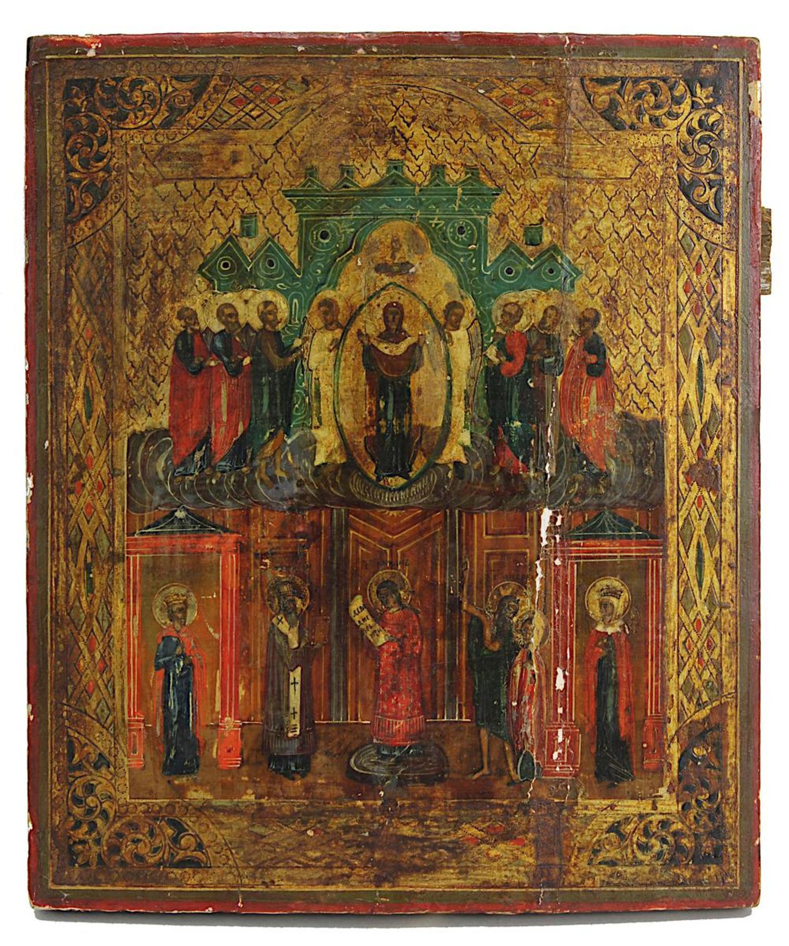 Ikone Gottesmutter Pokrov (Schleierwunder) und Sänger Romanos, Russland Ende 19.Jh., Tempera auf