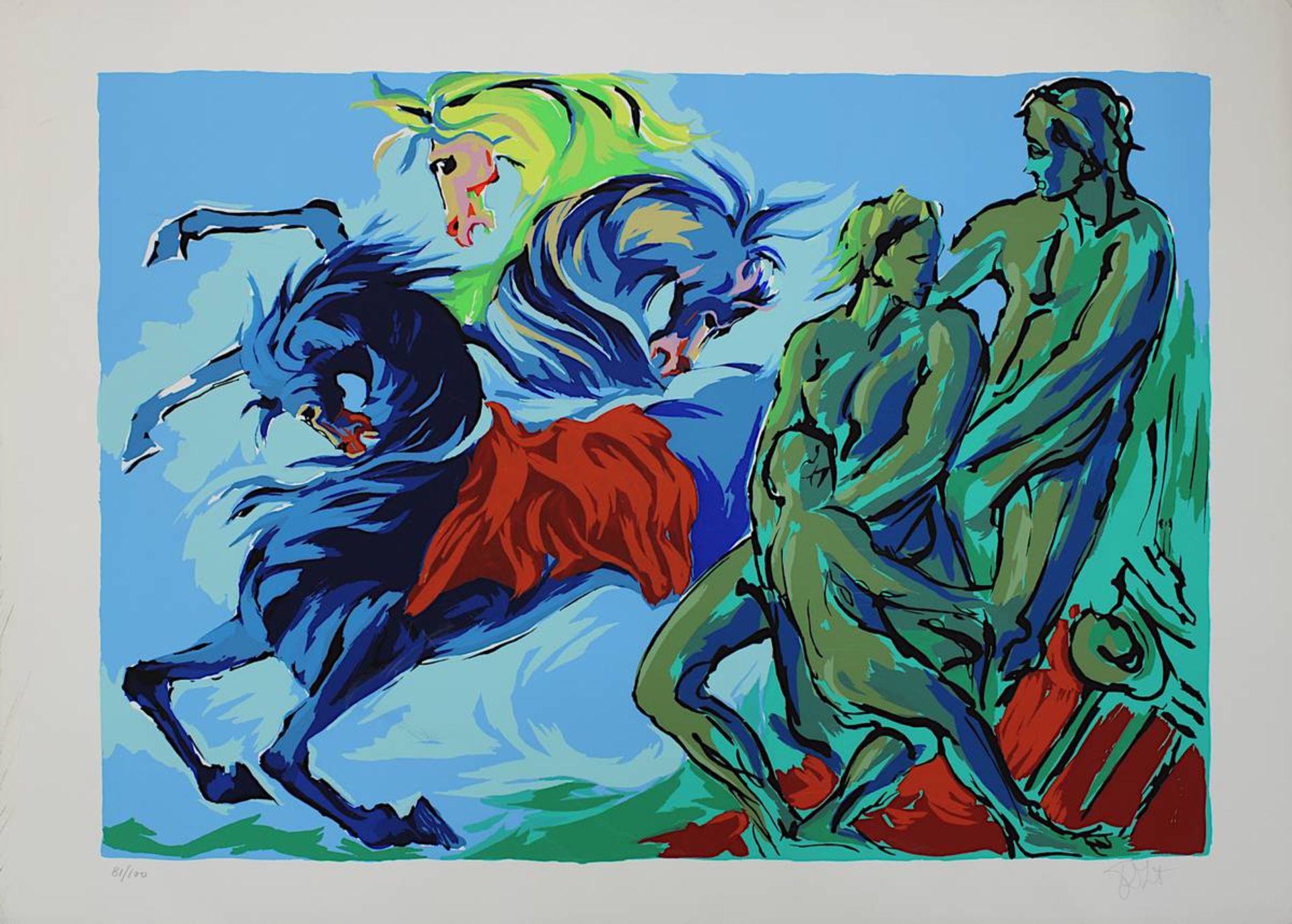 Graphiker 2. H. 20. Jh., drei Farbserigraphien mit Darstellungen mit Menschen u. Pferden, alle am - Bild 2 aus 3