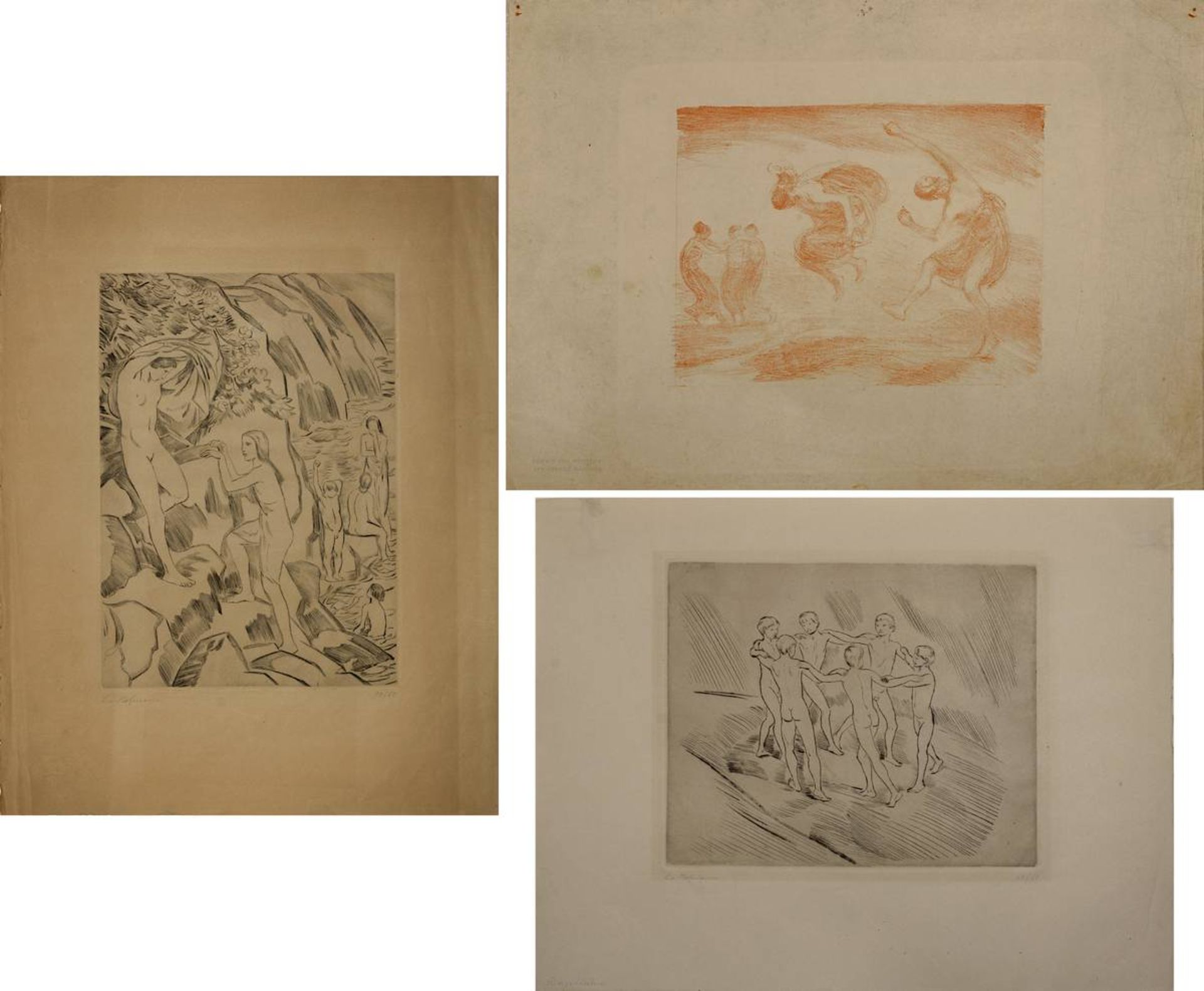 Hofmann, Ludwig von (Darmstadt 1861 - 1946 Pillnitz/Dresden), drei graphische Arbeiten: Badende an