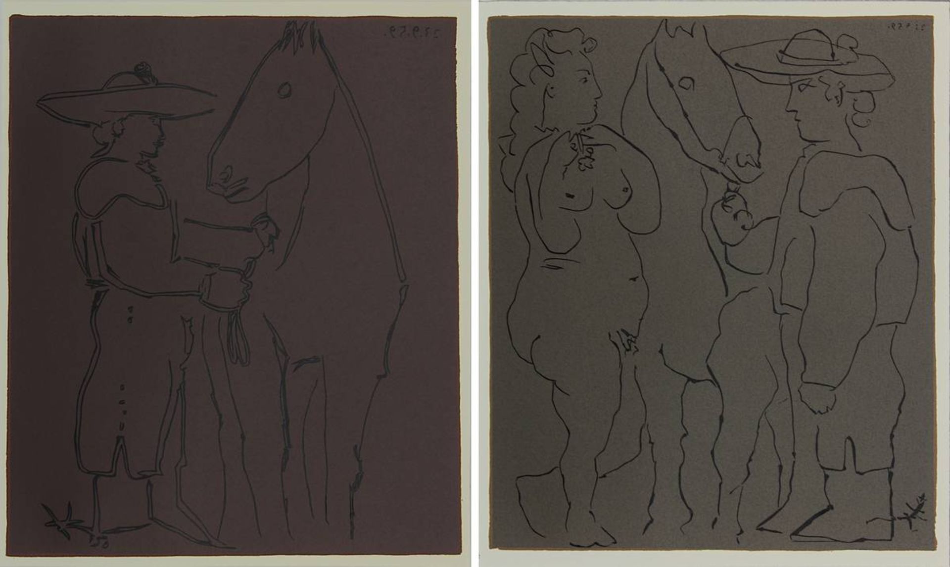 Picasso, Pablo Ruiz (Málaga 1881 - 1973 Mougins), zwei Farblinolschnitte, Pferd mit Reiter und Pferd
