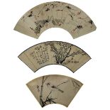3 japanische Faltfächerblätter bemalt mit Pflanzen - und Tierdarstellungen, jew. Papier etwas